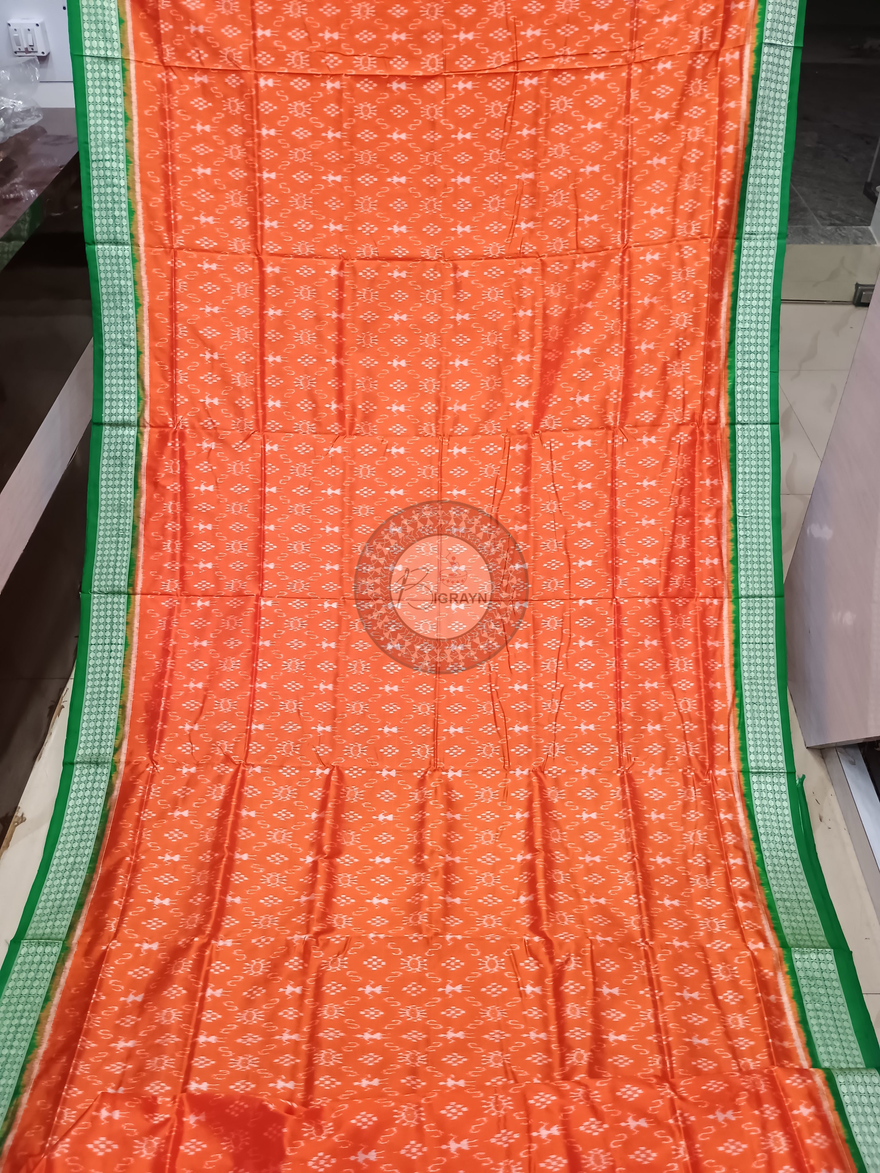 Orange Green Tribal Ek Chandia Odisha Handloom Sambalpuri Silk Saree