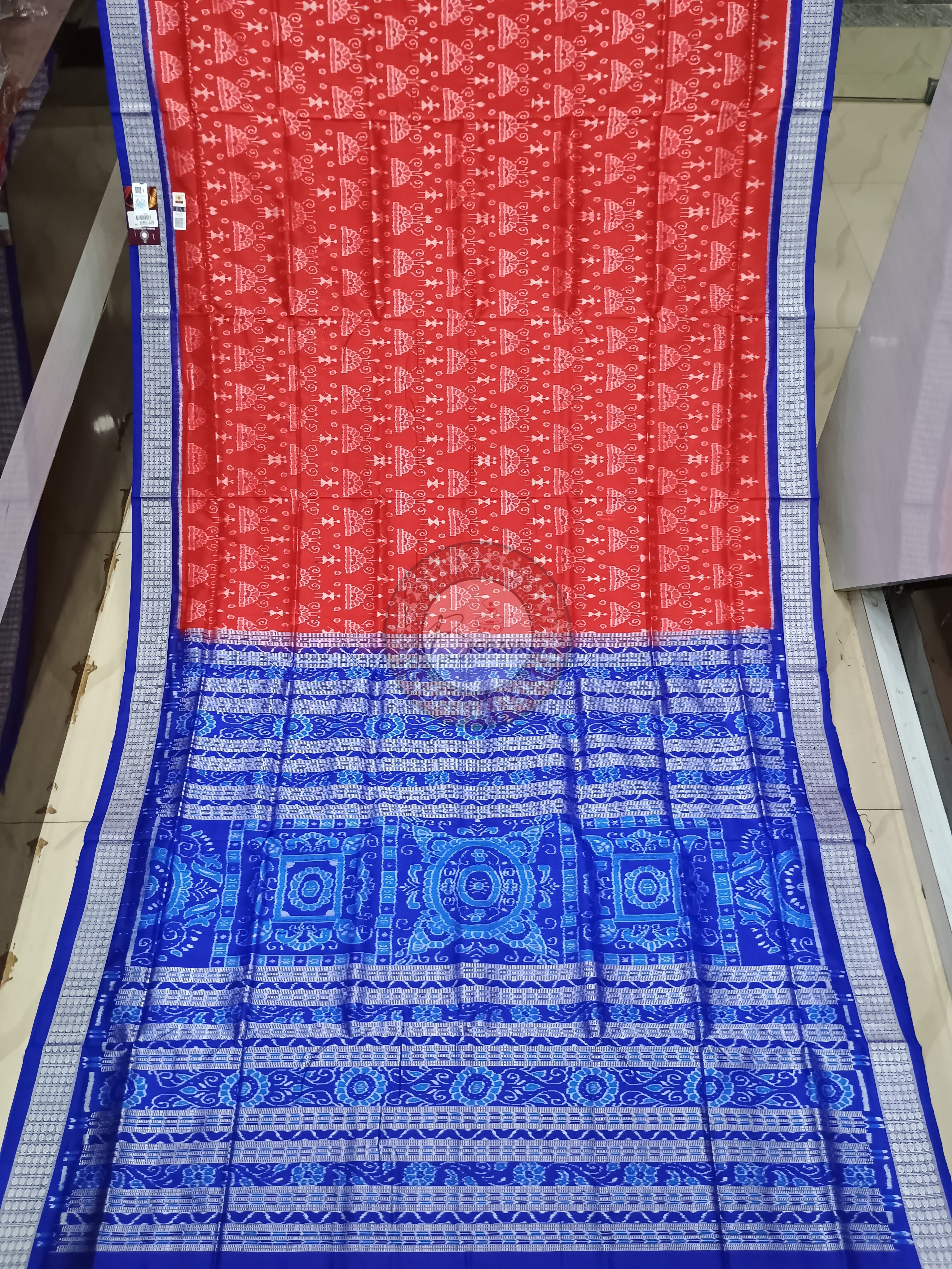 Red Blue Tribal And Tree Design Odisha Handloom Sambalpuri Silk Saree