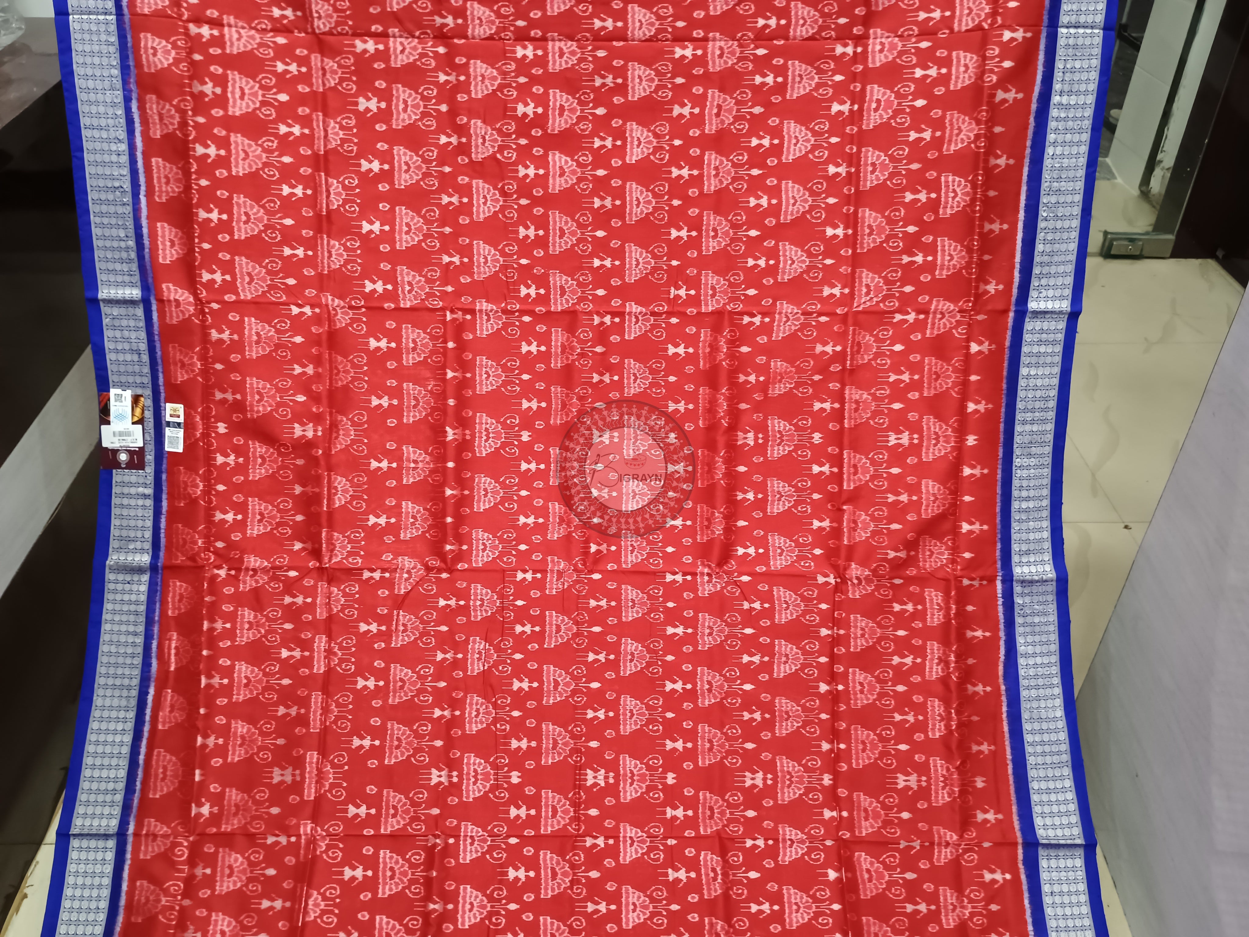 Red Blue Tribal And Tree Design Odisha Handloom Sambalpuri Silk Saree
