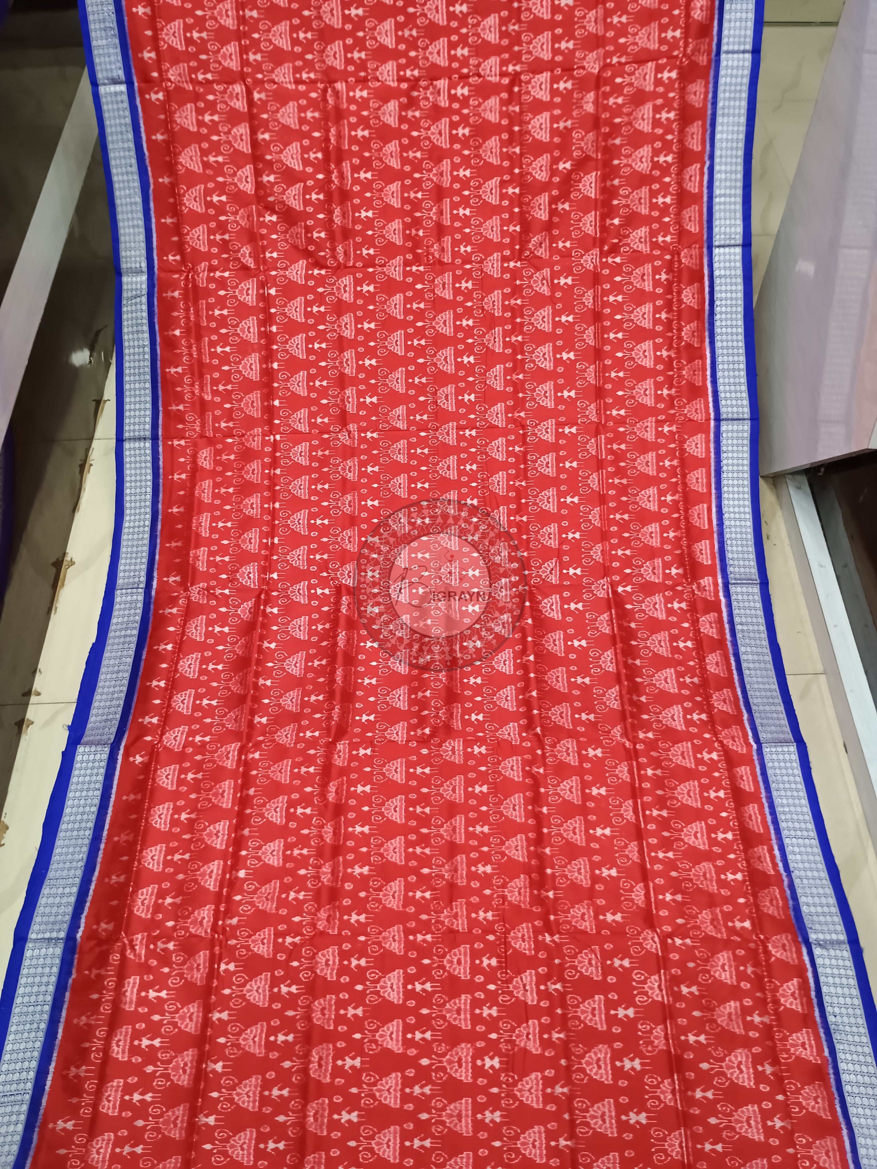 Red Blue Tribal And Tree Design Odisha Handloom Sambalpuri Silk Saree