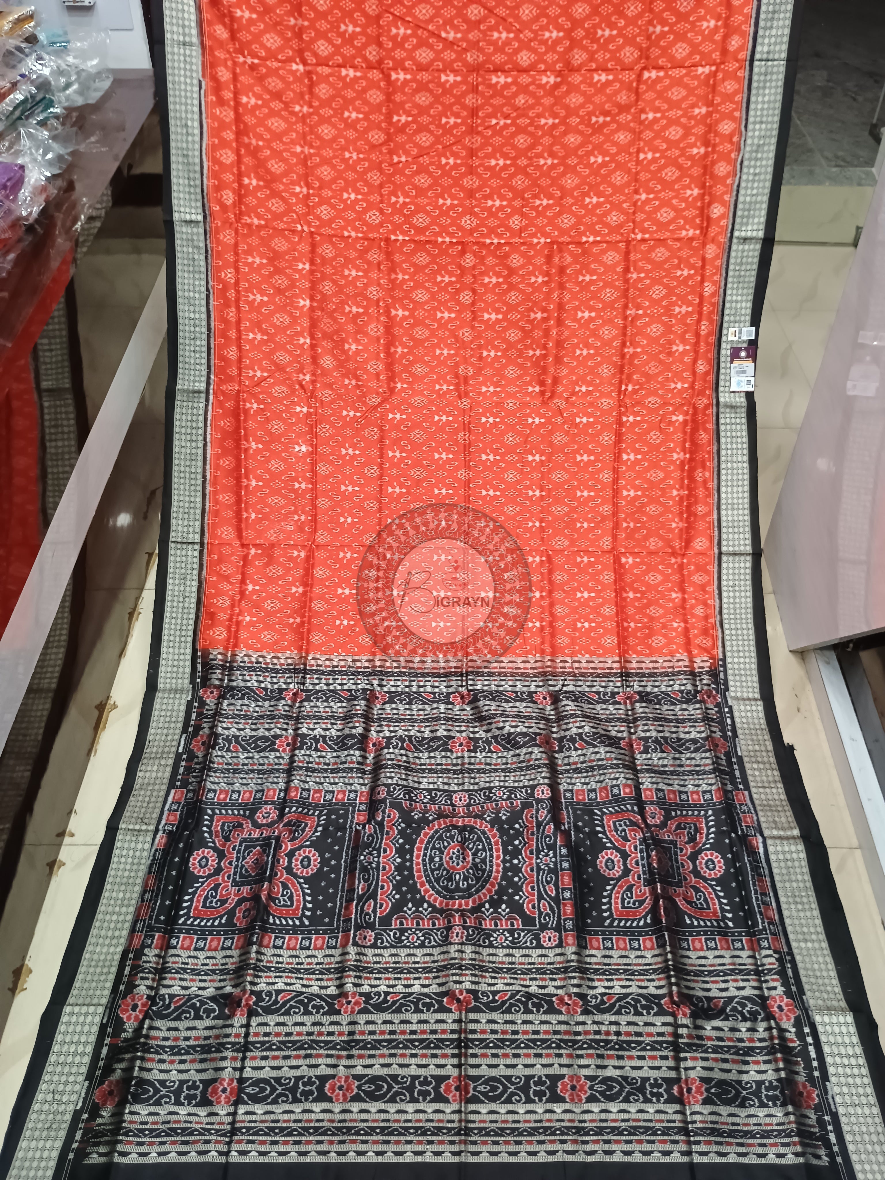Orange Black Tribal Ek Chandia Odisha Handloom Sambalpuri Silk Saree