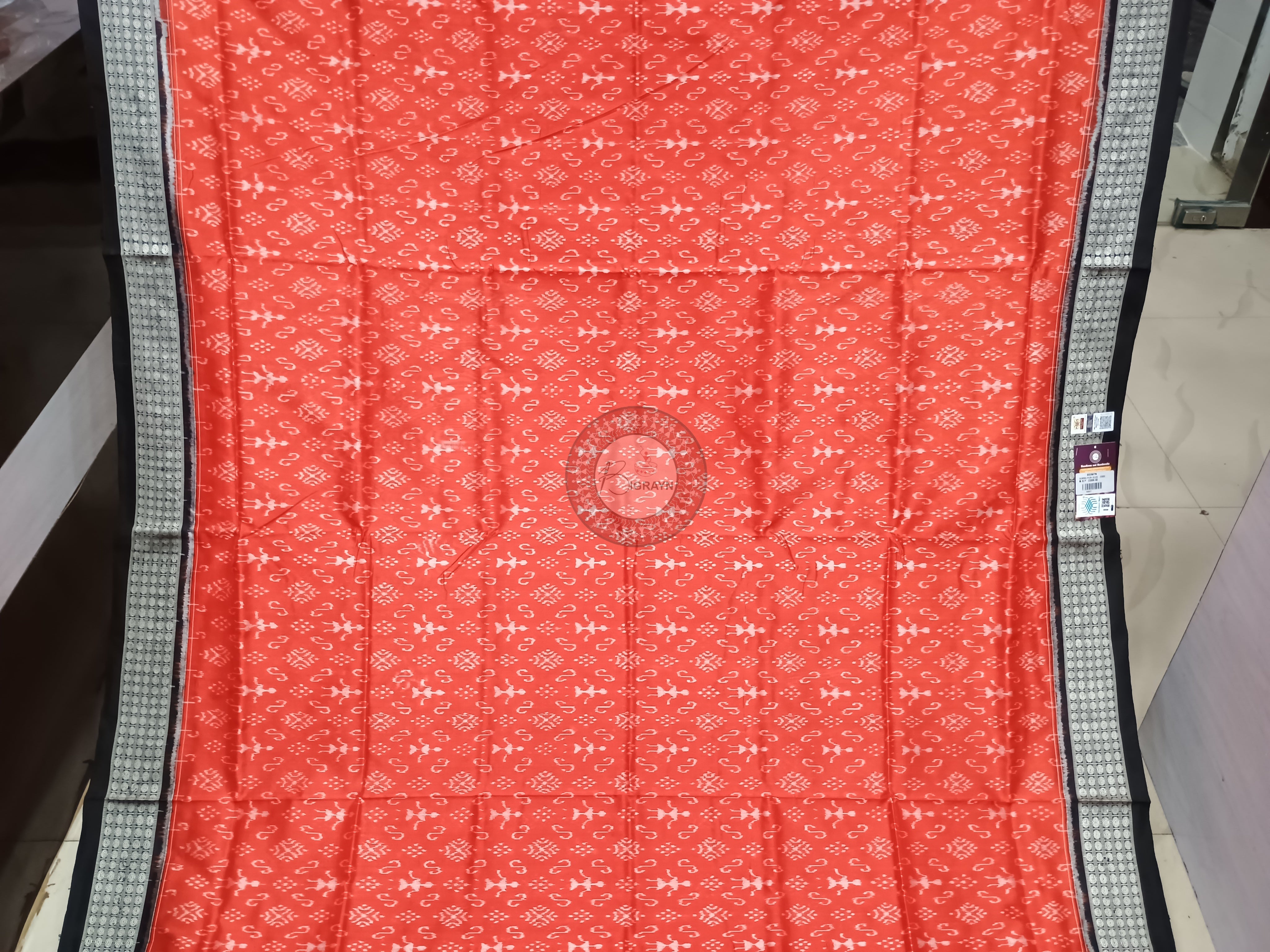 Orange Black Tribal Ek Chandia Odisha Handloom Sambalpuri Silk Saree