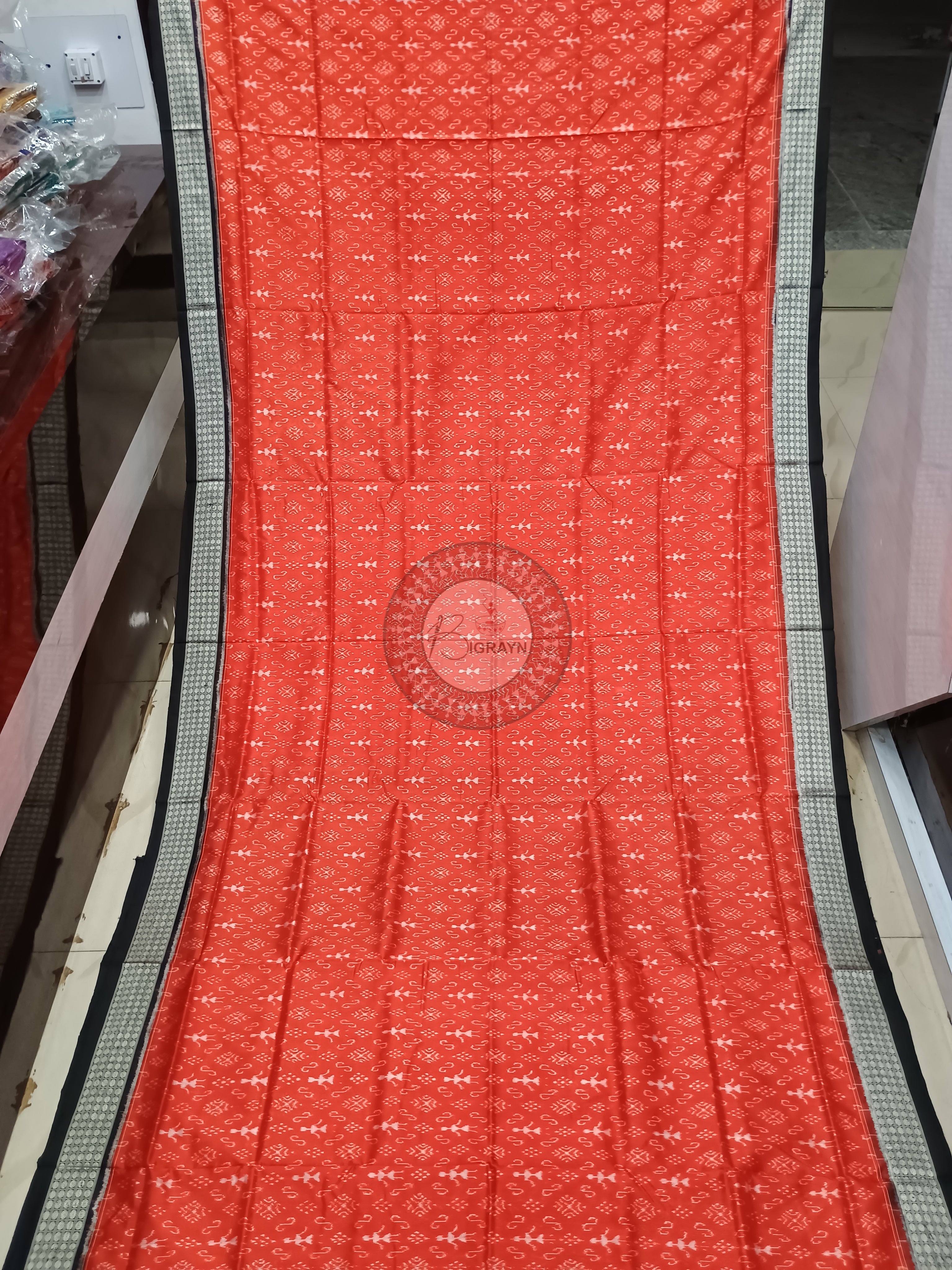 Orange Black Tribal Ek Chandia Odisha Handloom Sambalpuri Silk Saree