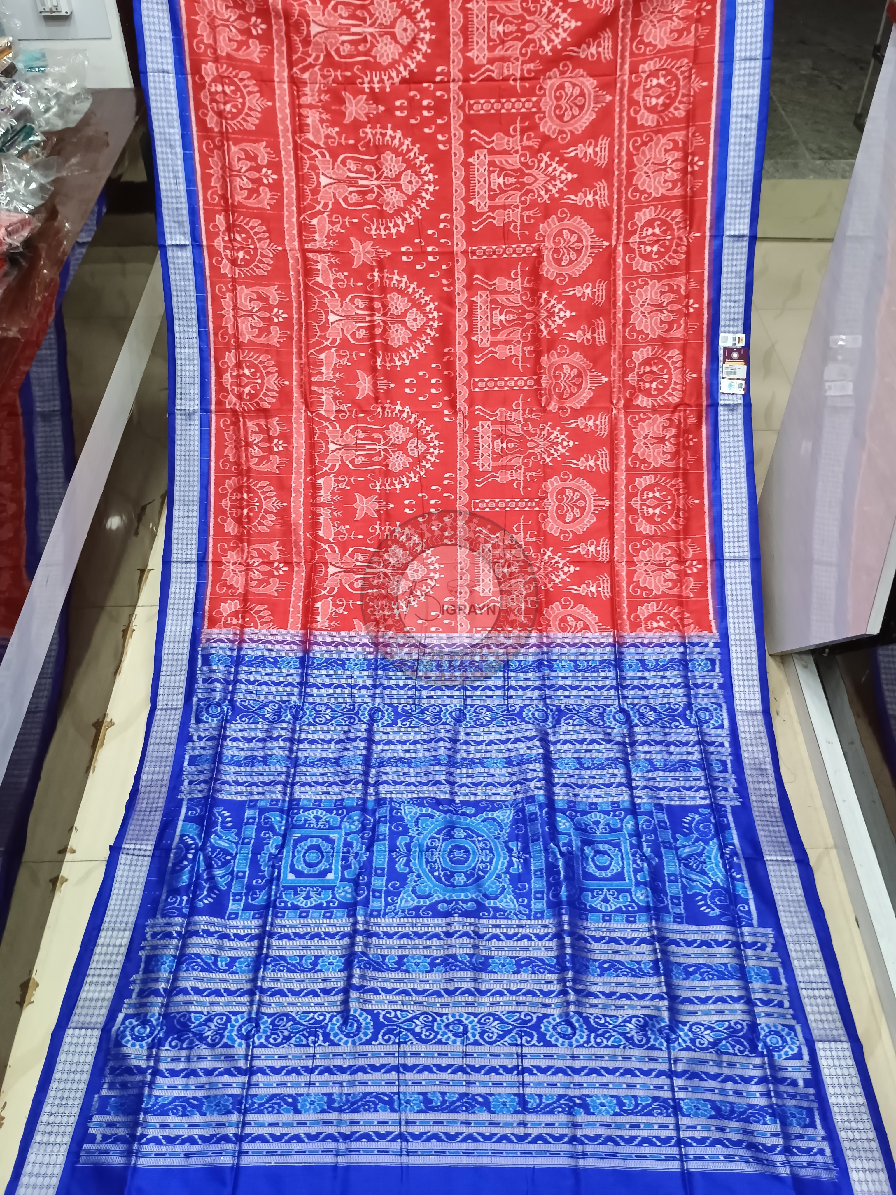 Red Blue Tribal Marriage Design Odisha Handloom Sambalpuri Silk Saree