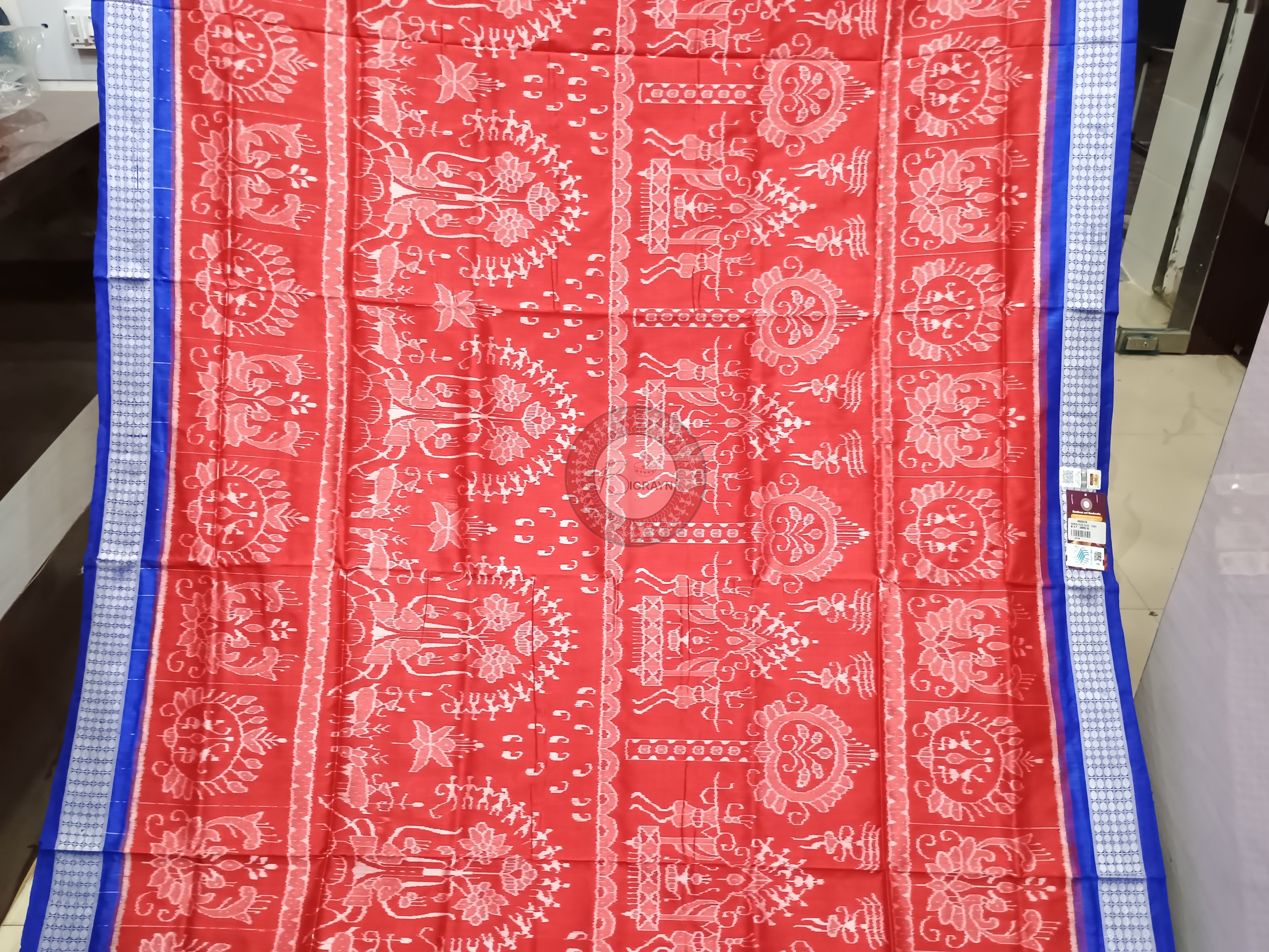 Red Blue Tribal Marriage Design Odisha Handloom Sambalpuri Silk Saree