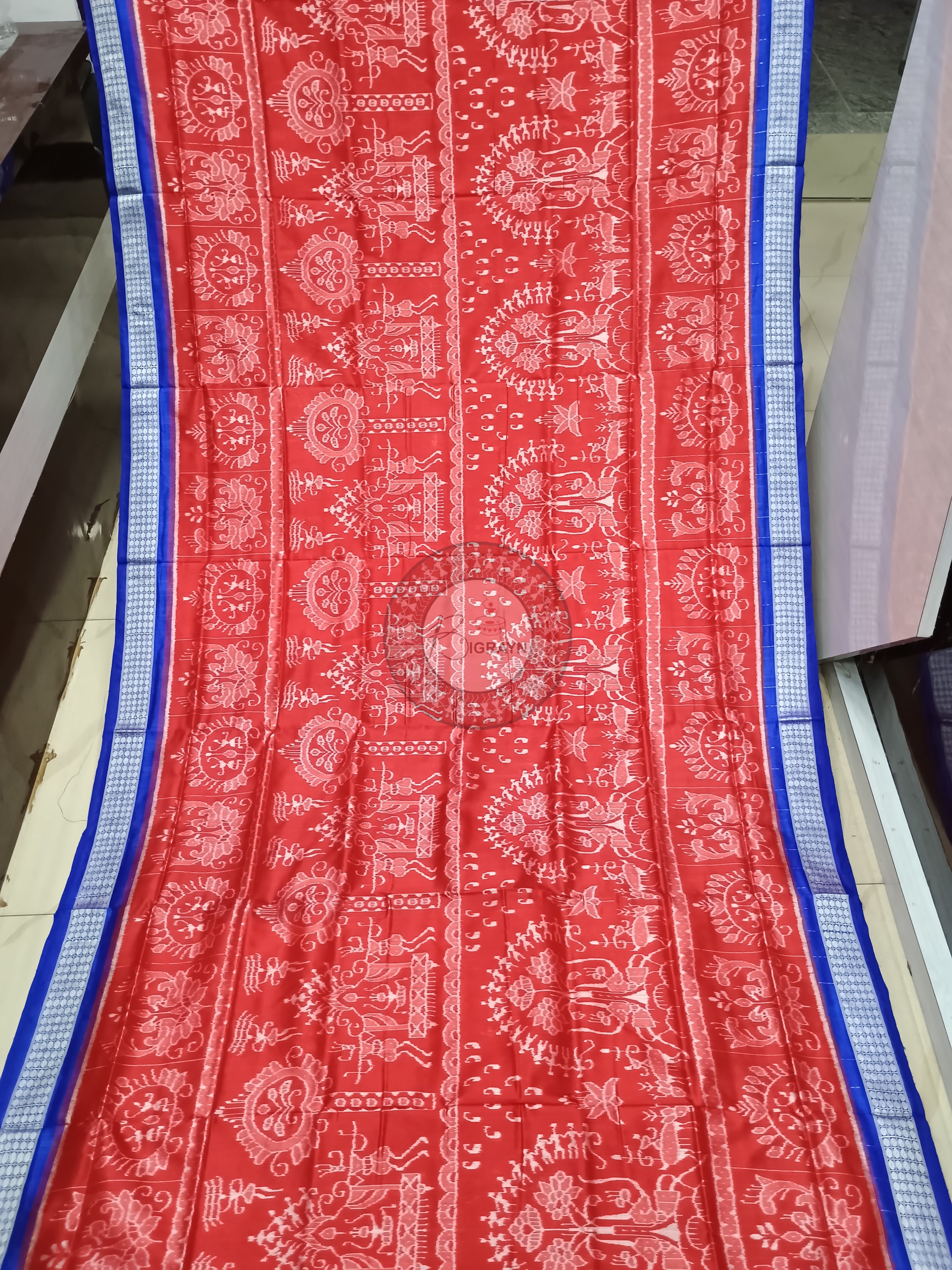 Red Blue Tribal Marriage Design Odisha Handloom Sambalpuri Silk Saree