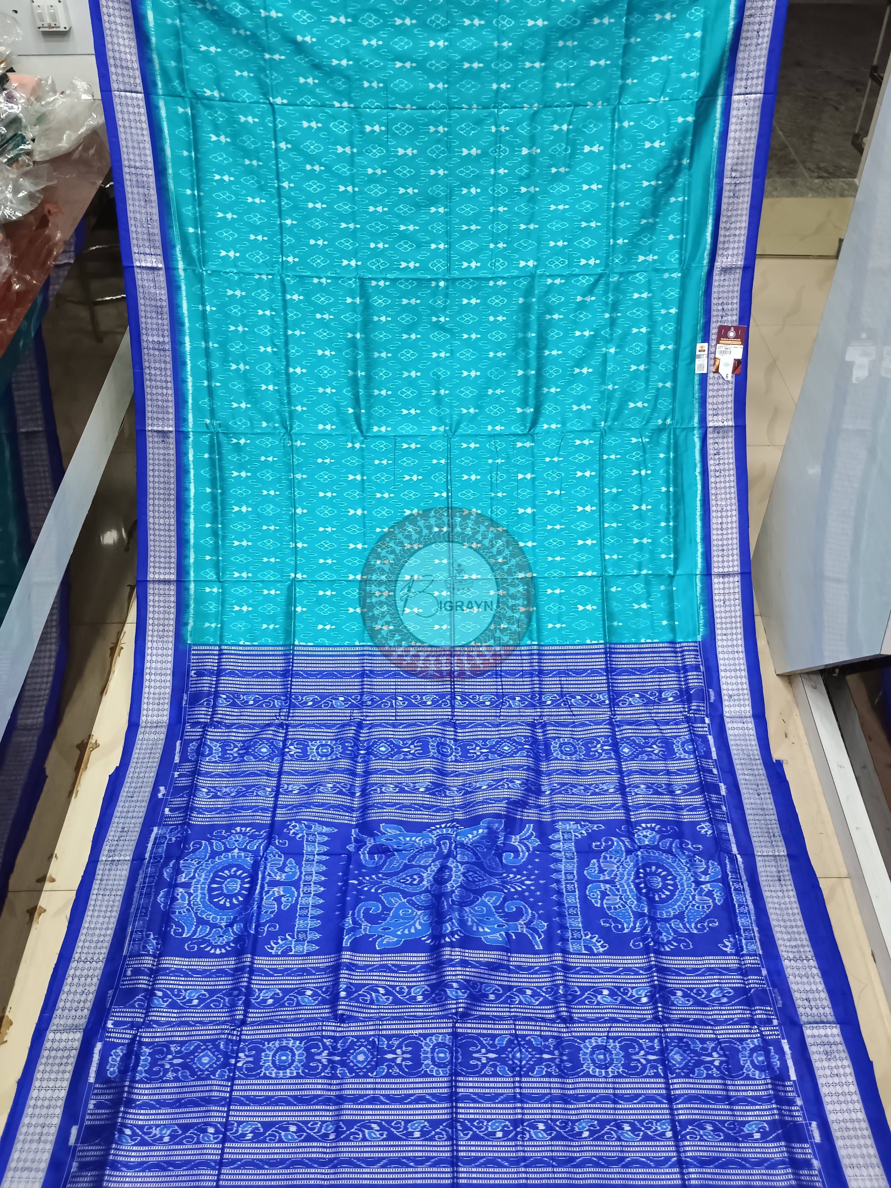 Sea Green Blue Ek Chandia Tribal Odisha Handloom Sambalpuri Silk Saree