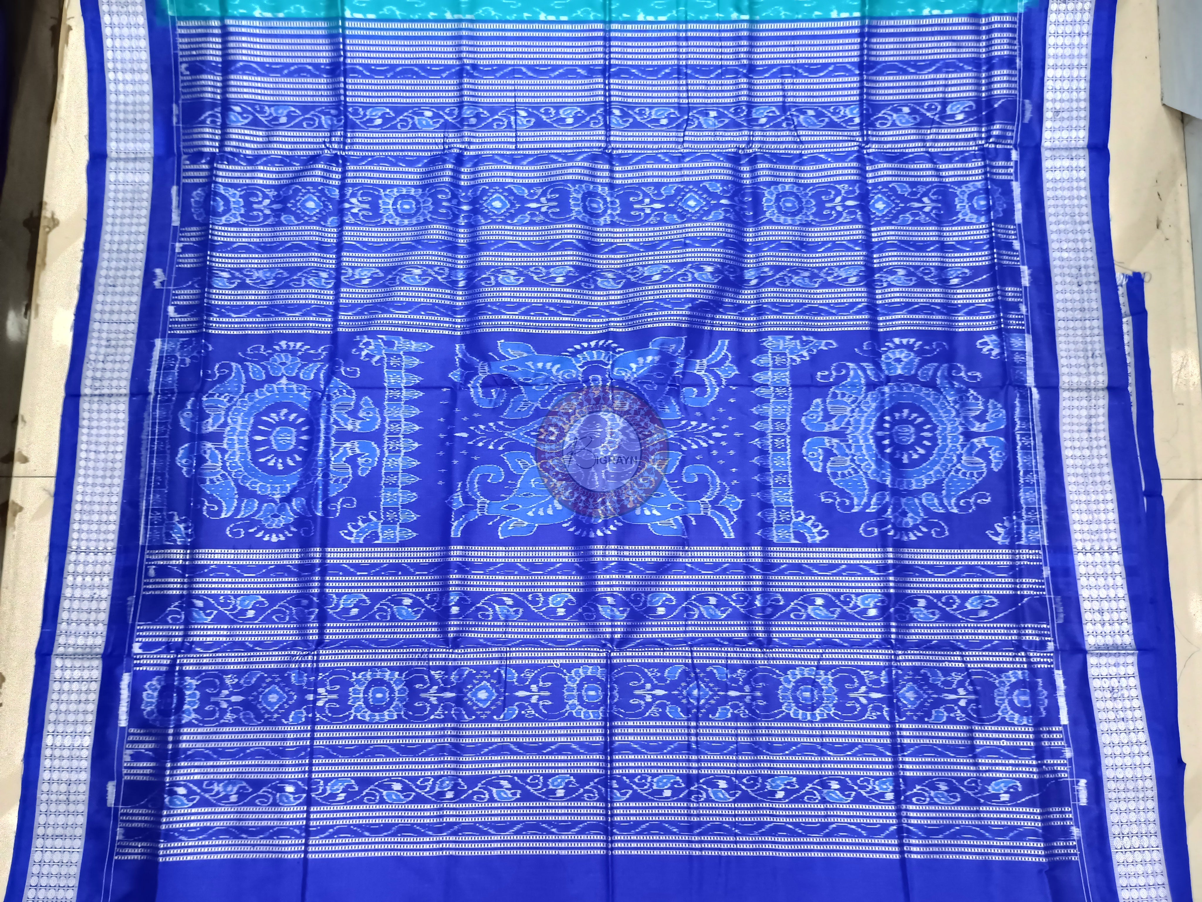 Sea Green Blue Ek Chandia Tribal Odisha Handloom Sambalpuri Silk Saree