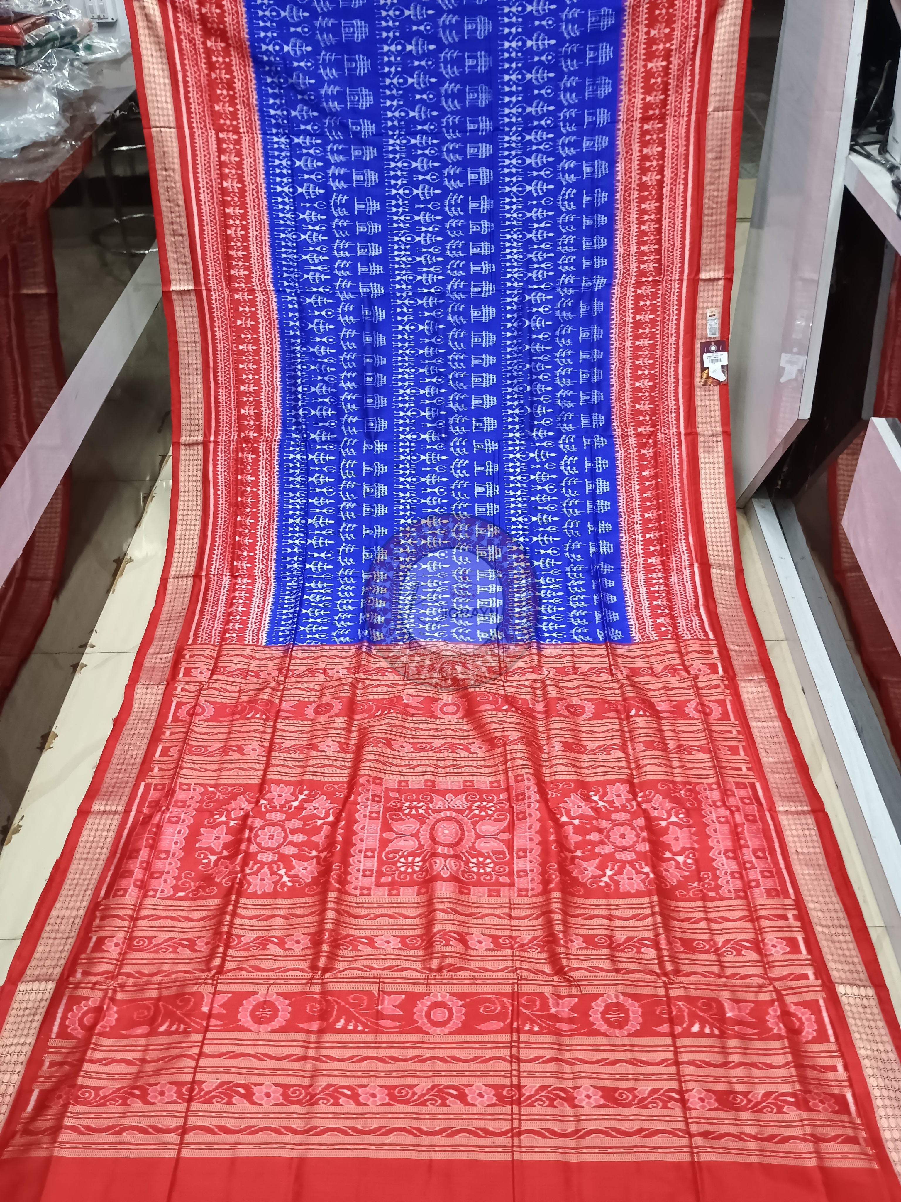 Blue Red Tribal And House Odisha Handloom Sambalpuri Silk Saree