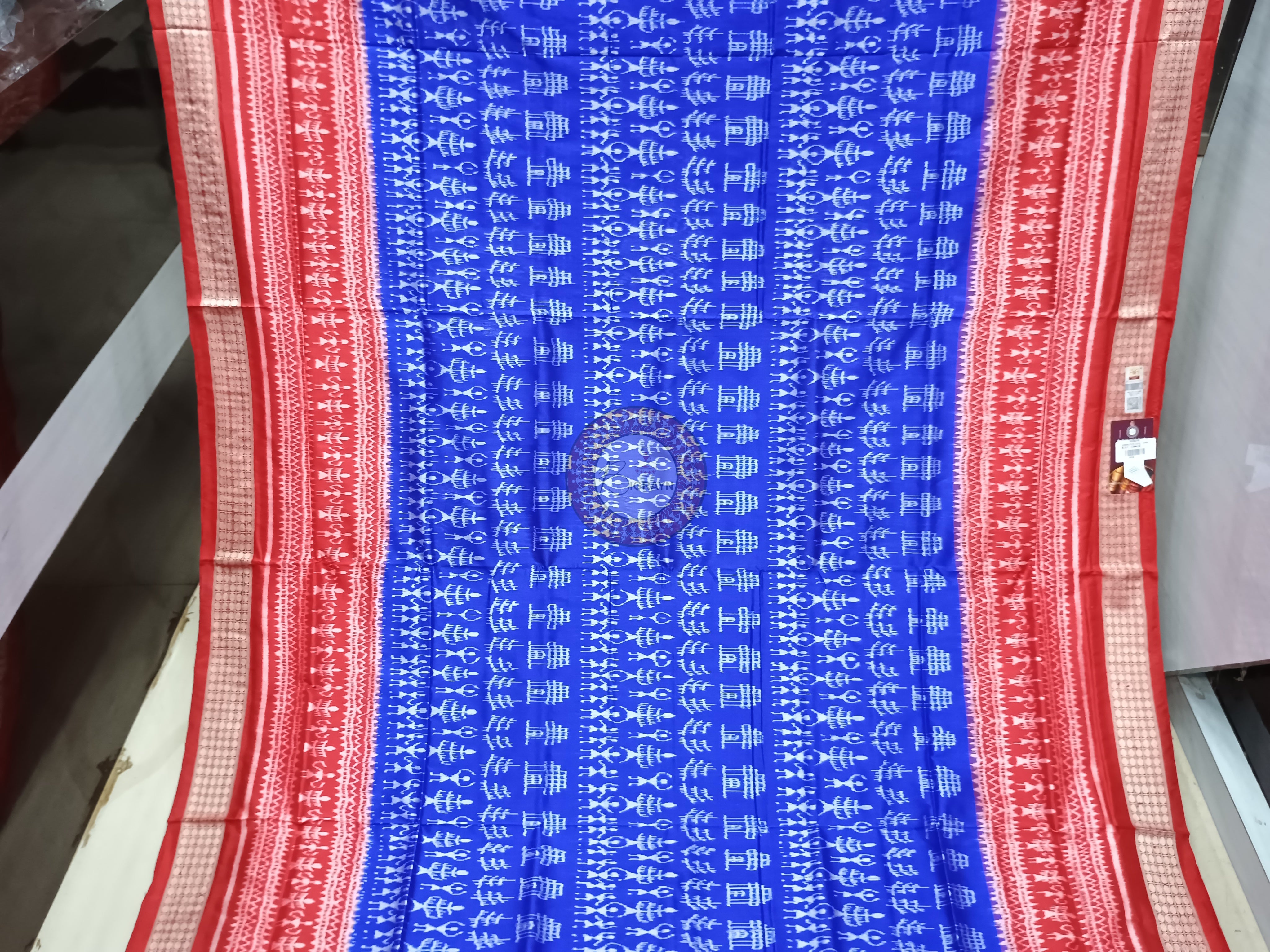 Blue Red Tribal And House Odisha Handloom Sambalpuri Silk Saree