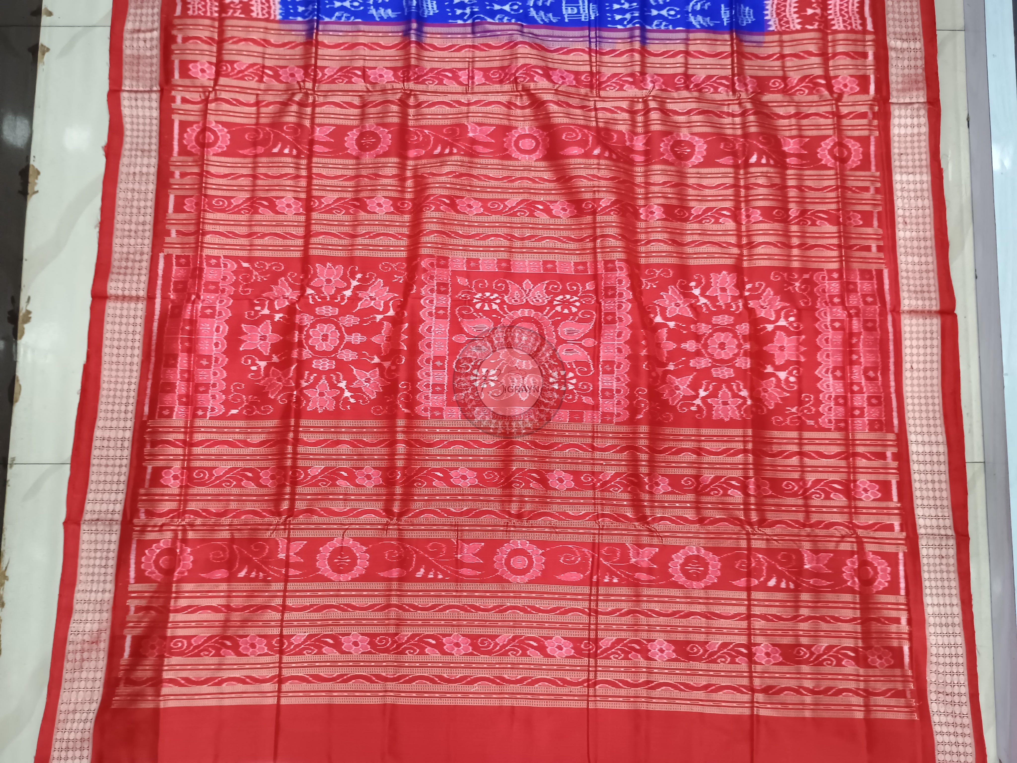 Blue Red Tribal And House Odisha Handloom Sambalpuri Silk Saree