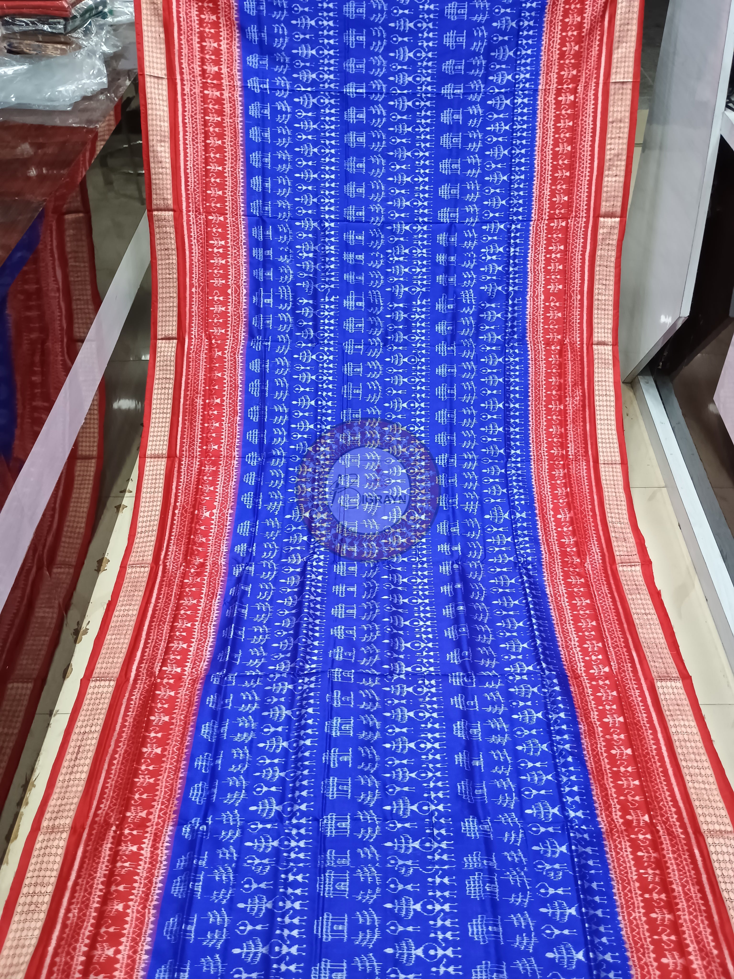 Blue Red Tribal And House Odisha Handloom Sambalpuri Silk Saree