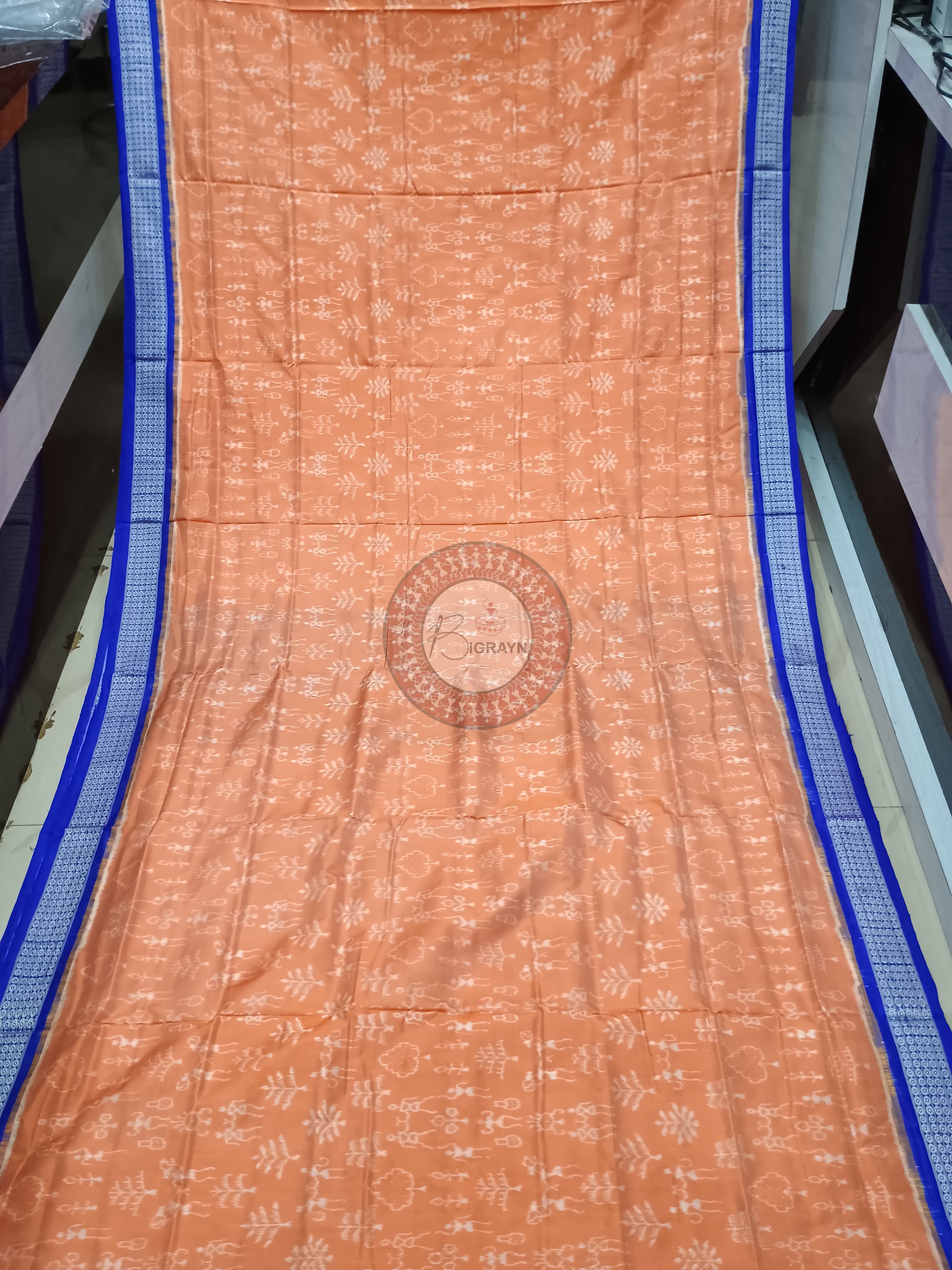 Peach Blue Tribal Tree Odisha Handloom Sambalpuri Silk Saree