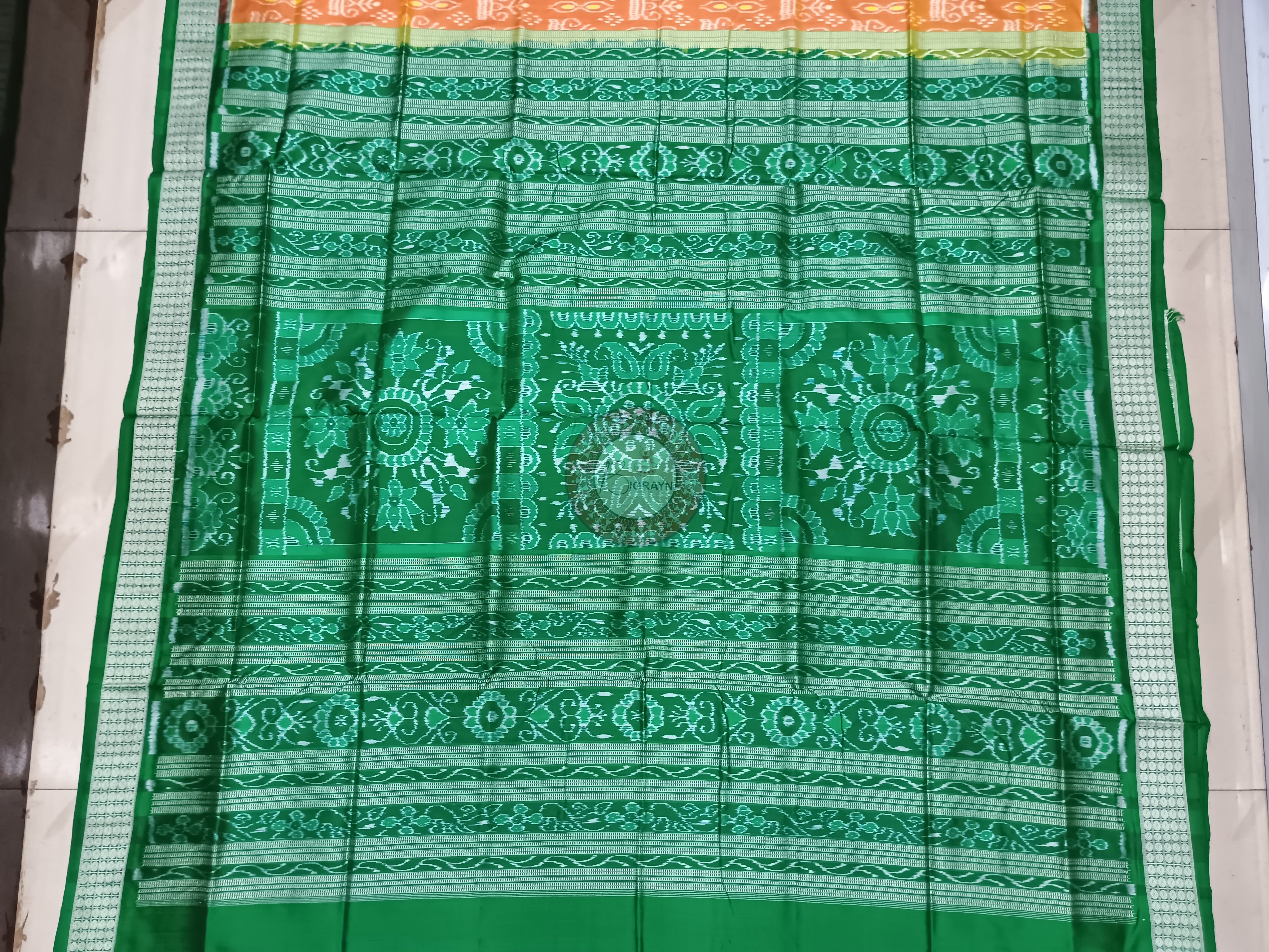 Dual Shade Yellow Green Tree Odisha Handloom Sambalpuri Silk Saree