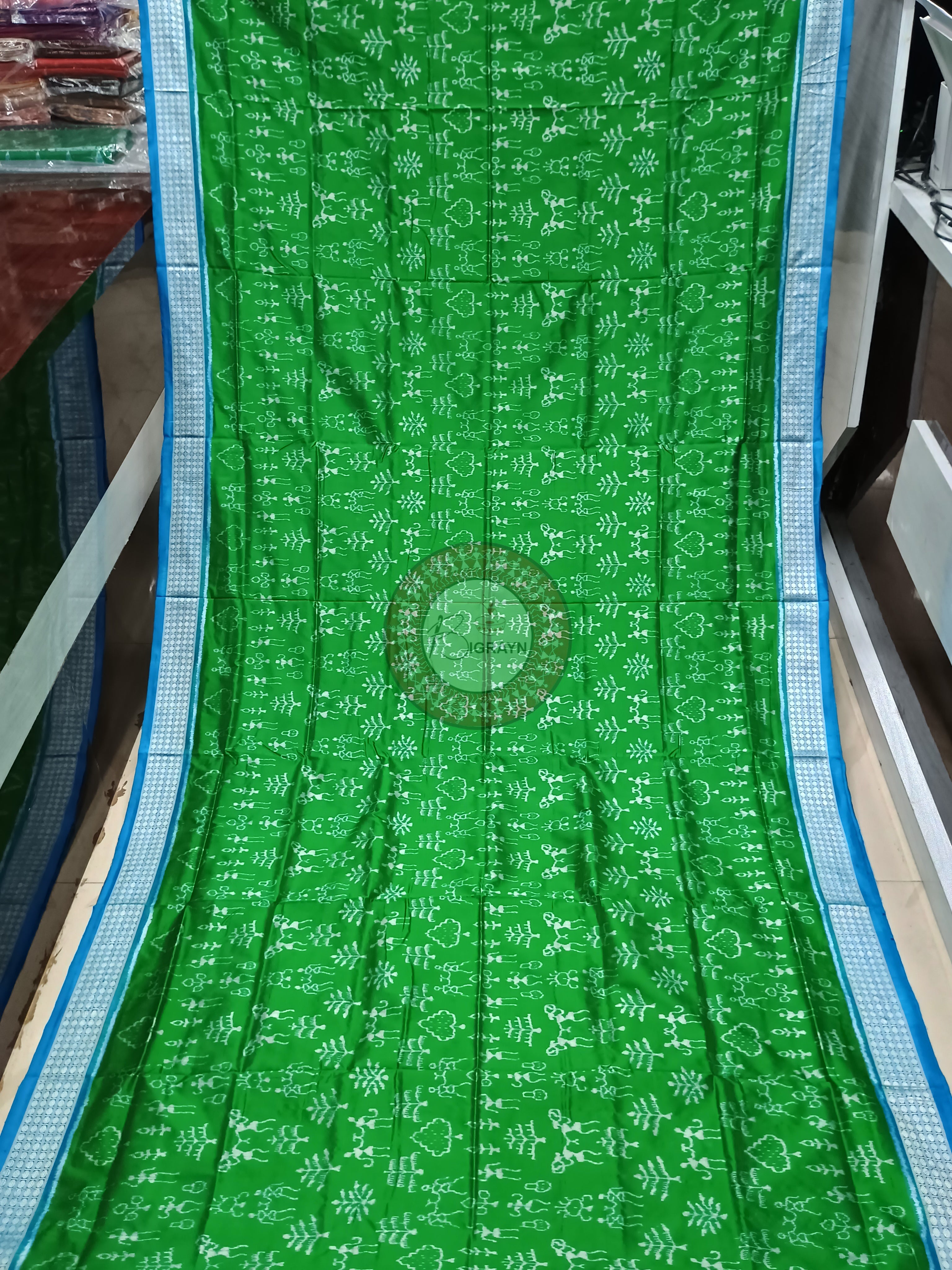Green Copper Sulphate Tribal And Tree Odisha Handloom Sambalpuri Silk Saree
