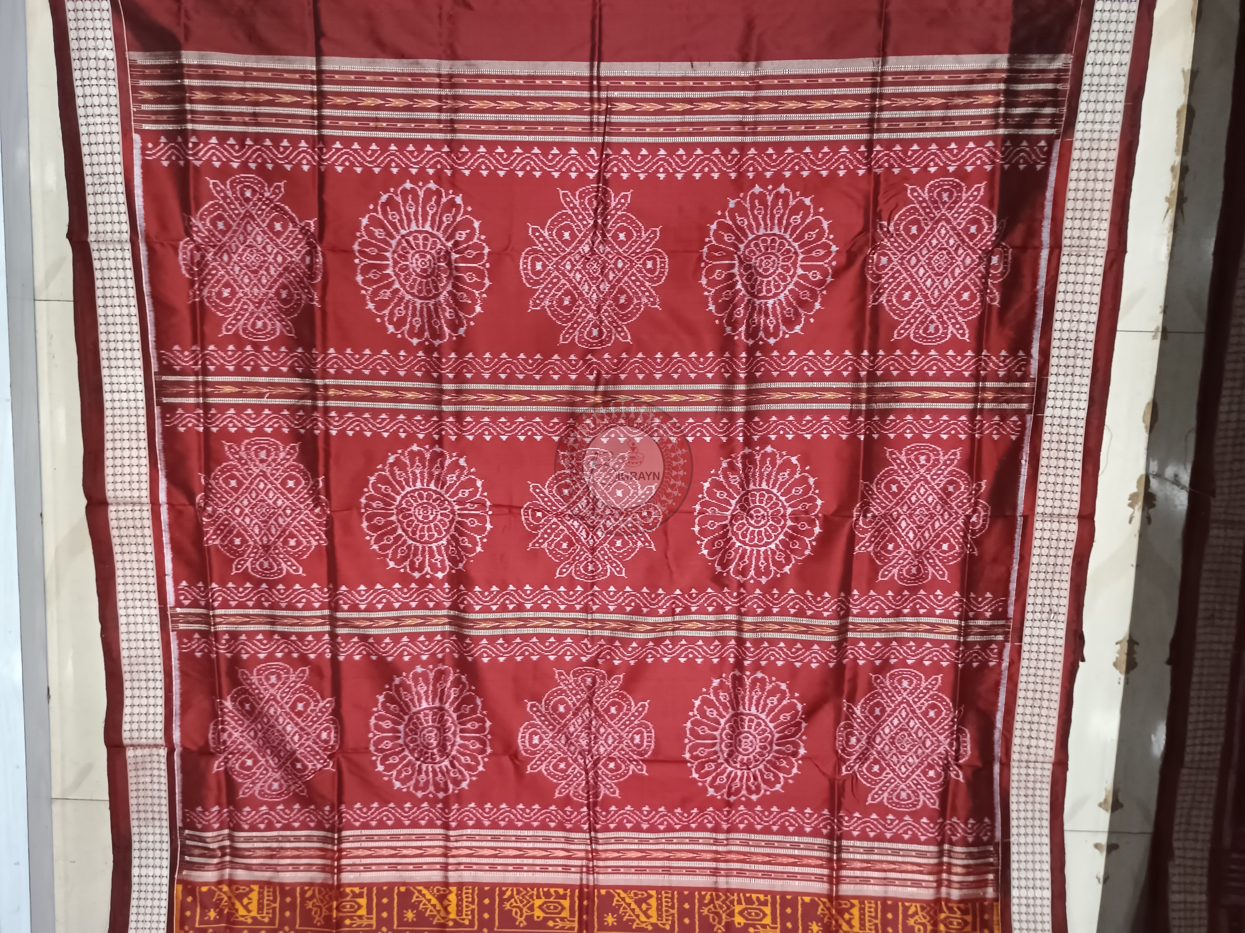 Maroon Yellow Tribal And Laxmi Pada Odisha Handloom Sambalpuri Silk Saree