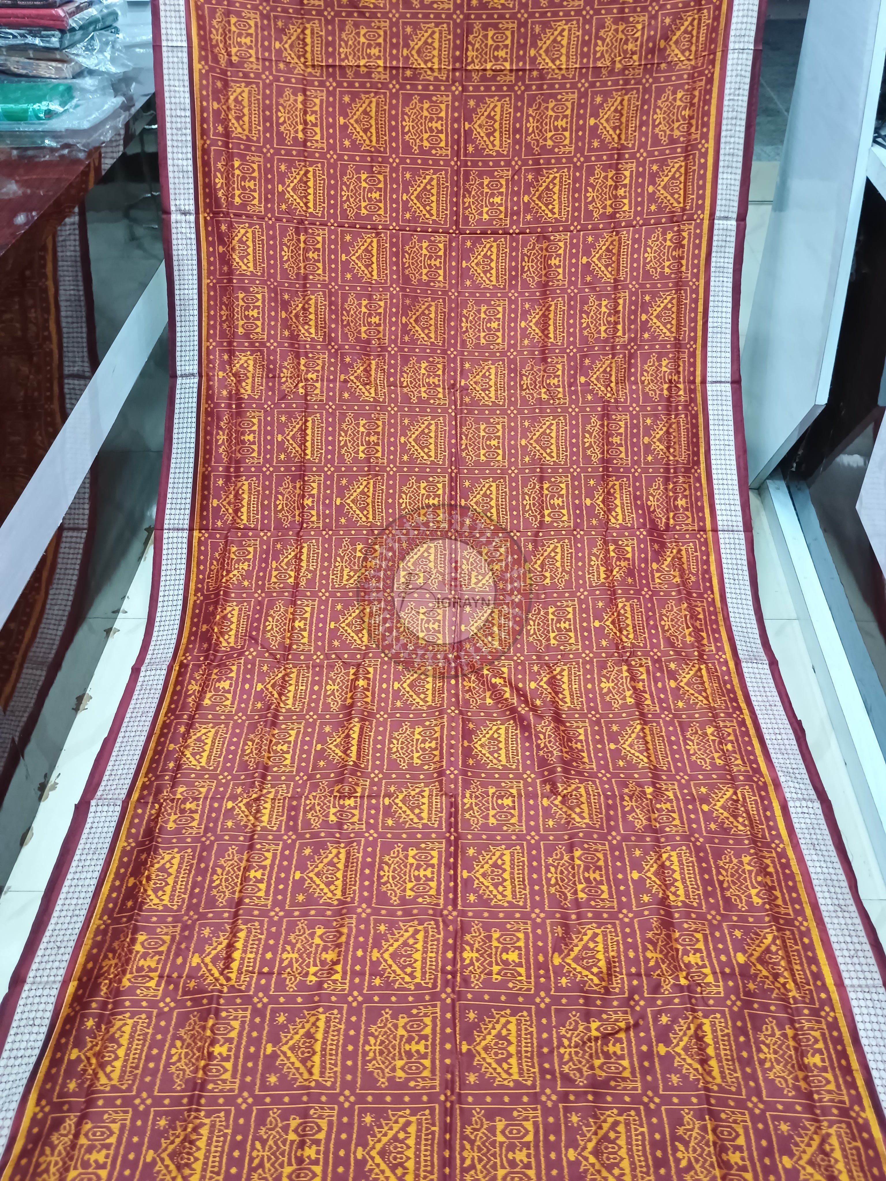 Maroon Yellow Tribal And Laxmi Pada Odisha Handloom Sambalpuri Silk Saree