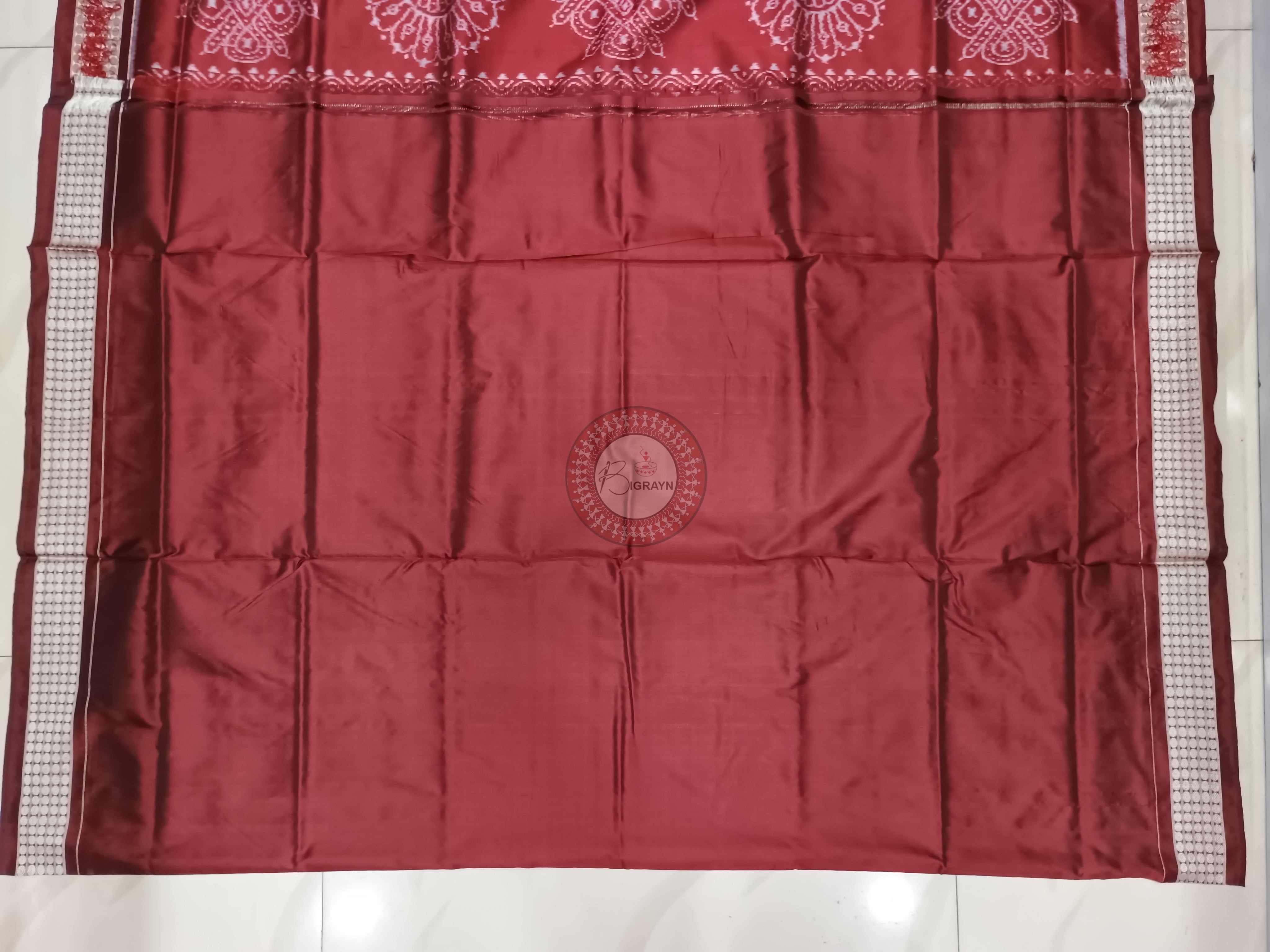 Maroon Yellow Tribal And Laxmi Pada Odisha Handloom Sambalpuri Silk Saree