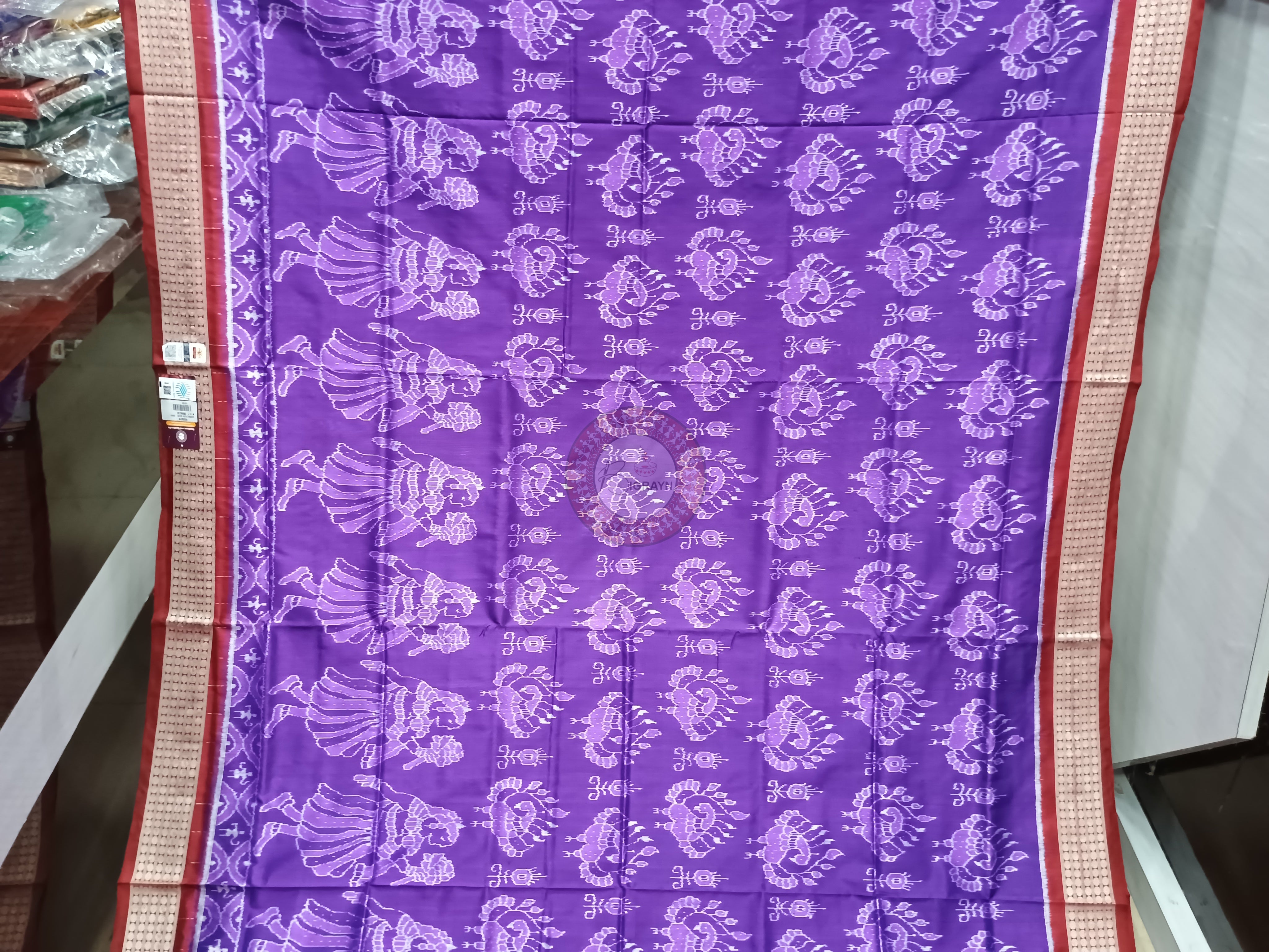 Purple Maroon Peacock And Dancer Odisha Handloom Sambalpuri Silk Saree