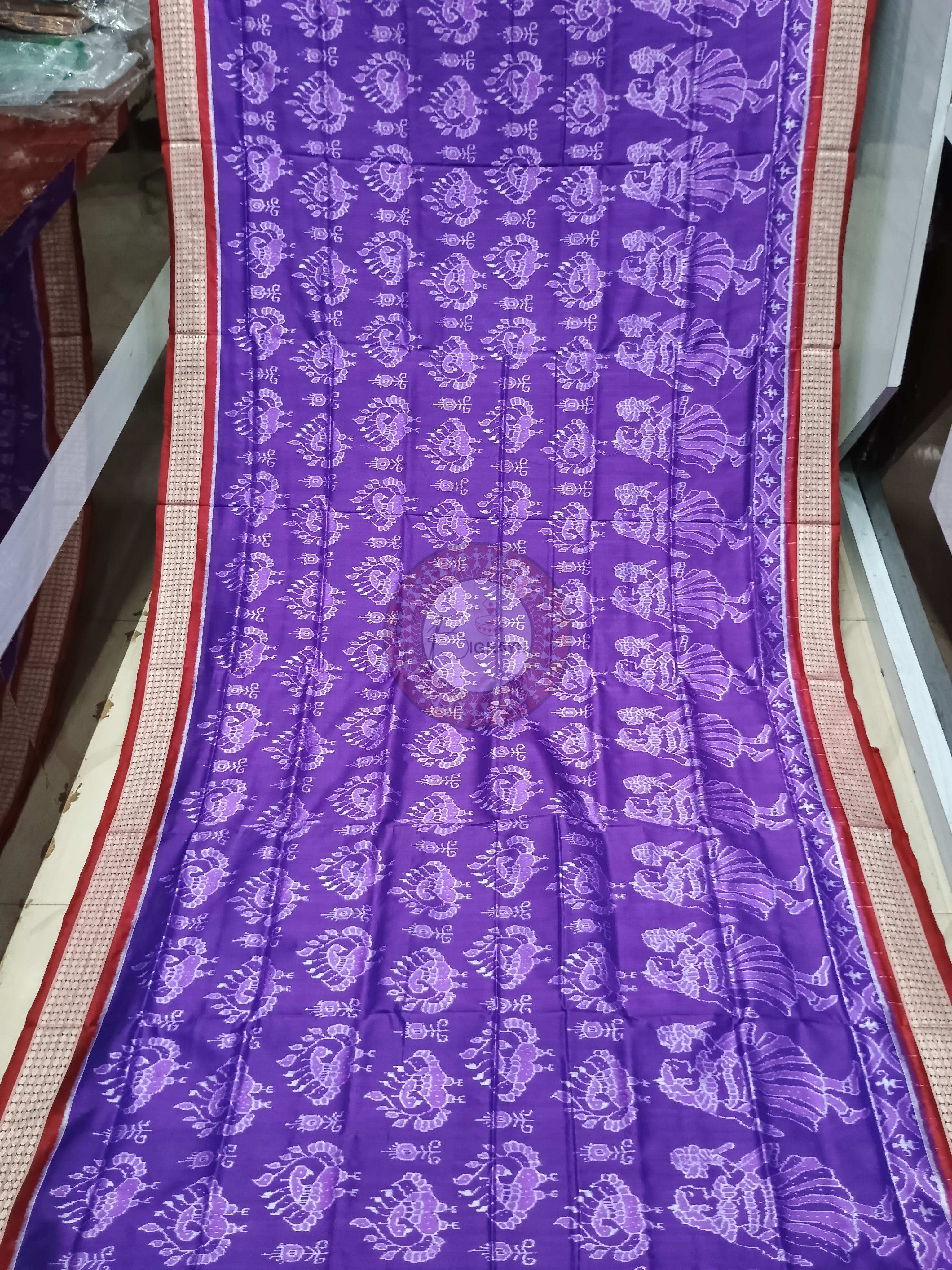 Purple Maroon Peacock And Dancer Odisha Handloom Sambalpuri Silk Saree