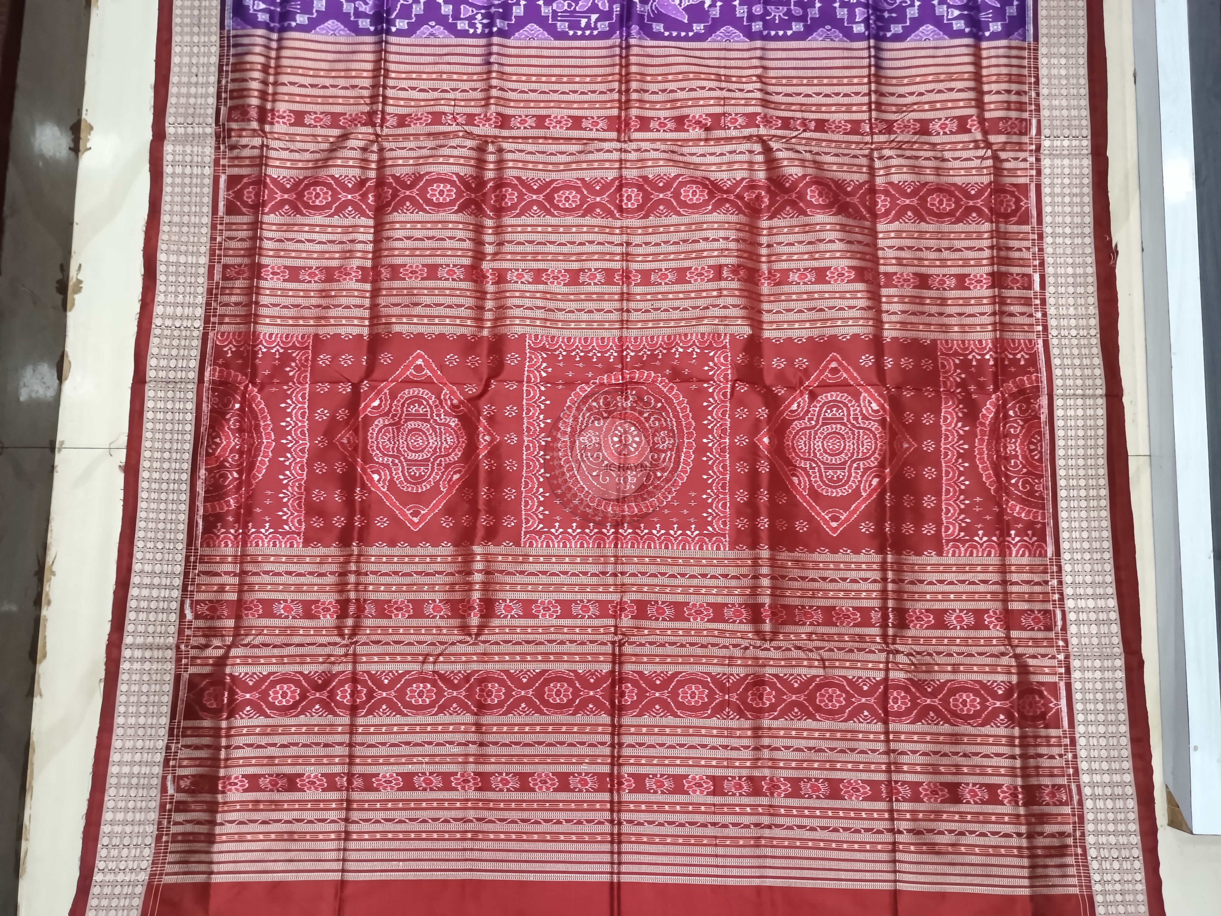 Purple Maroon Kalasha And Banana Tree With Animal Odisha Handloom Sambalpuri Silk Saree