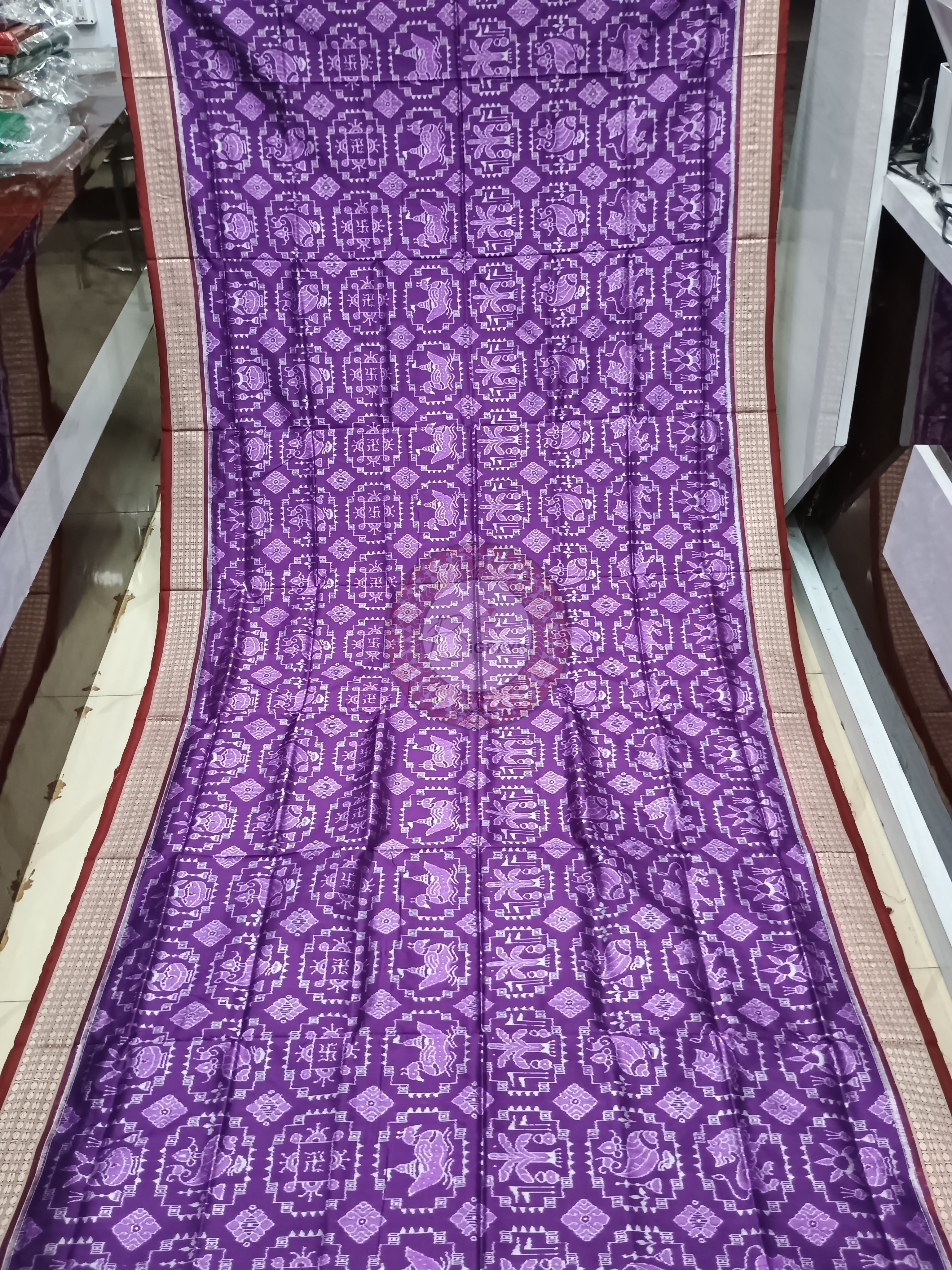 Purple Maroon Kalasha And Banana Tree With Animal Odisha Handloom Sambalpuri Silk Saree