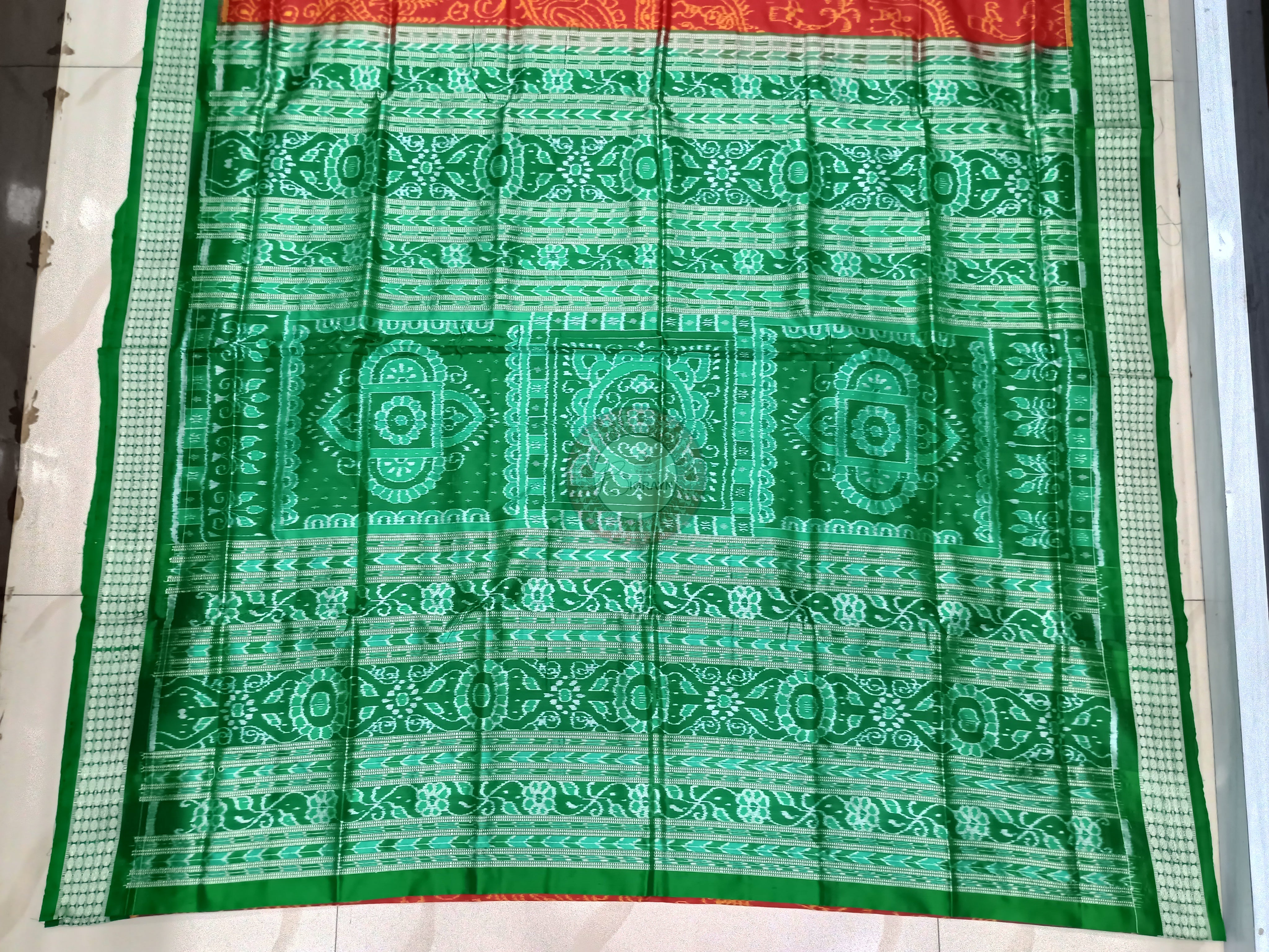 Red Green Tribal And Tree Odisha Handloom Sambalpuri Silk Saree
