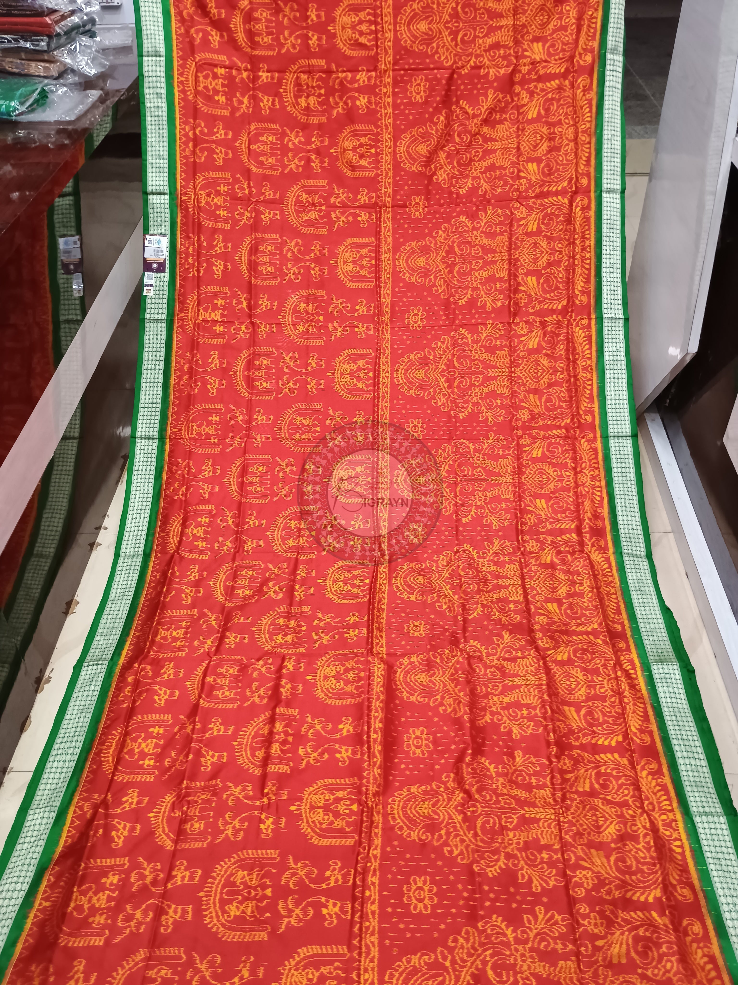 Red Green Tribal And Tree Odisha Handloom Sambalpuri Silk Saree