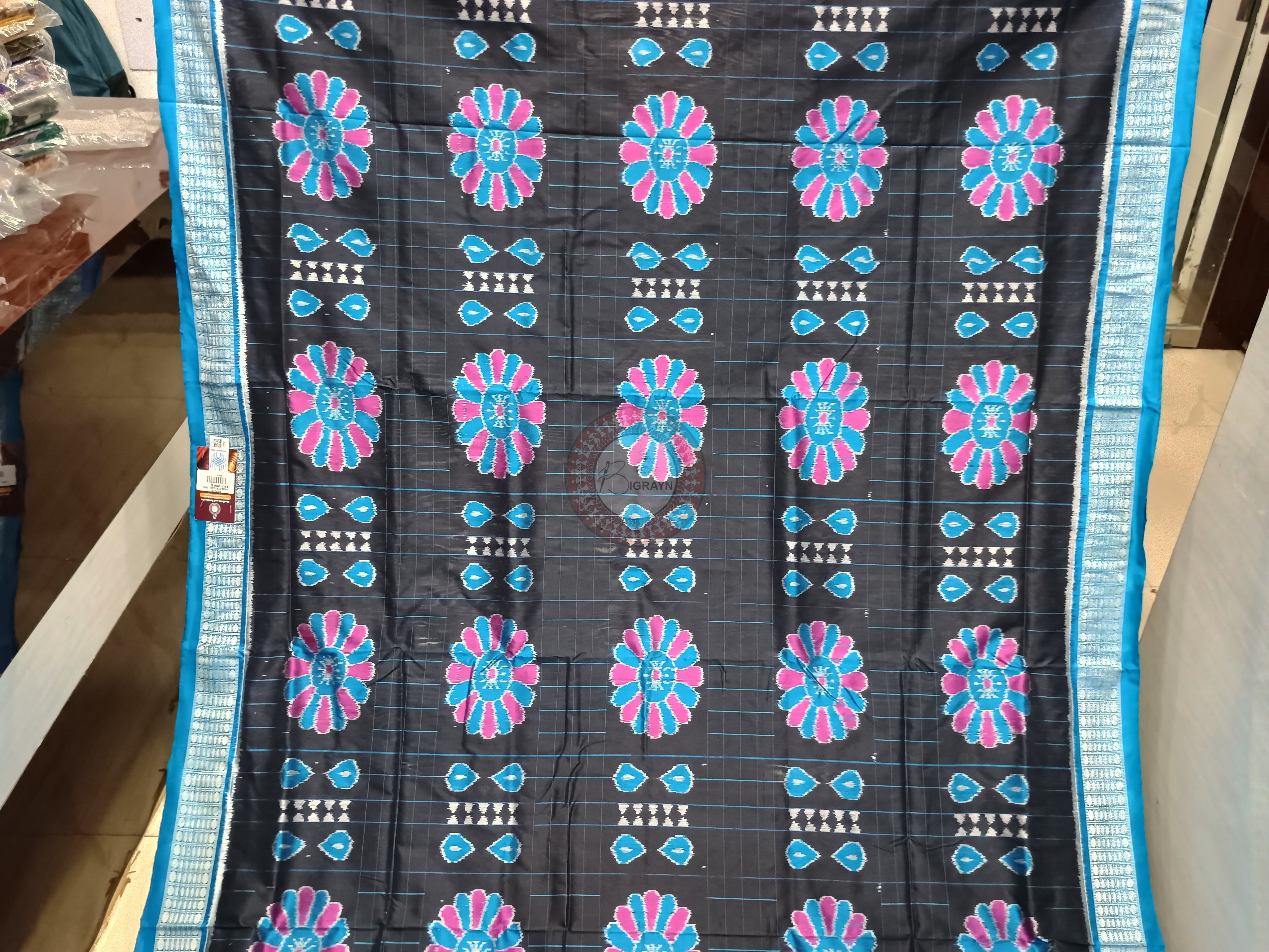 Black Copper Sulphate Bagambari Flower Design Odisha Handloom Sambalpuri Silk Saree