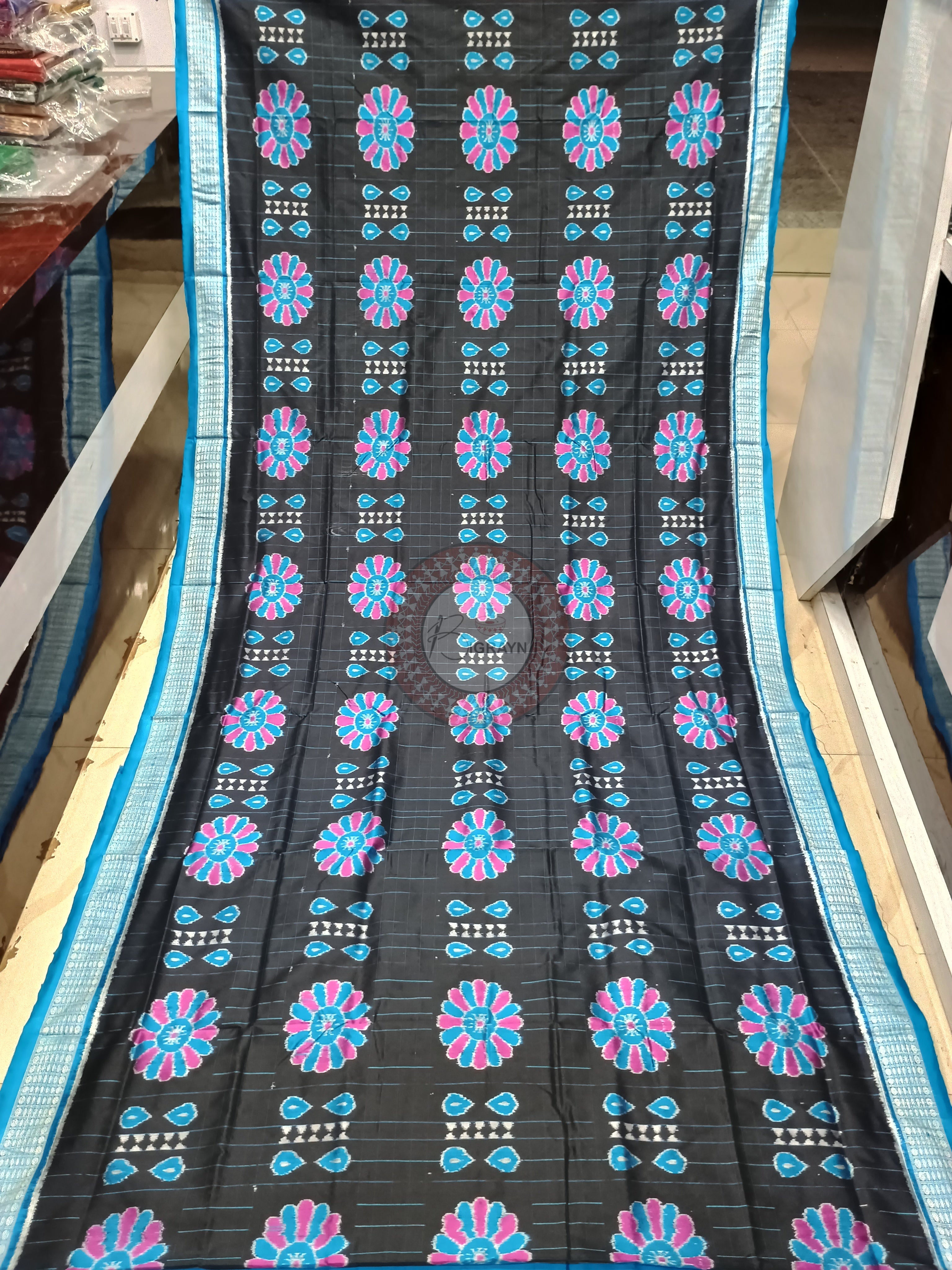 Black Copper Sulphate Bagambari Flower Design Odisha Handloom Sambalpuri Silk Saree