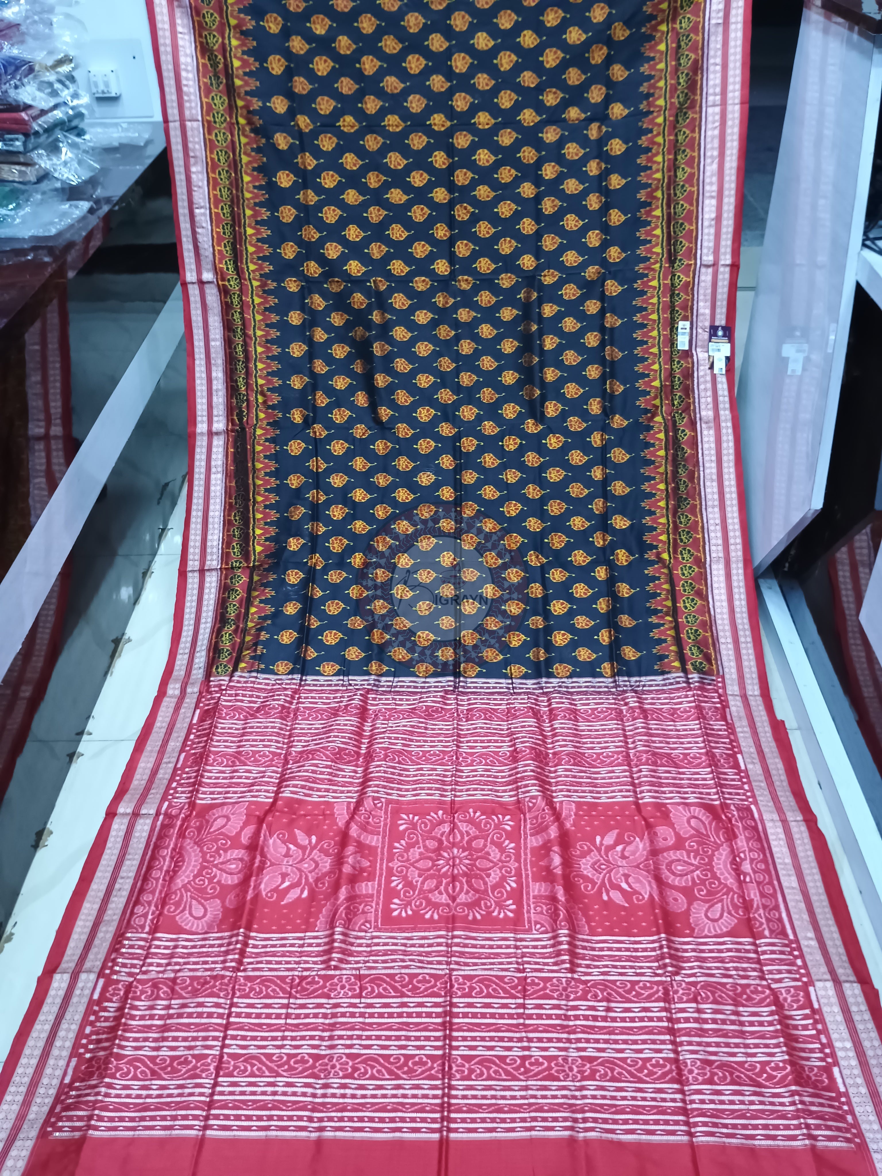 Black Red Peepal Leaf Odisha Handloom Sambalpuri Silk Saree