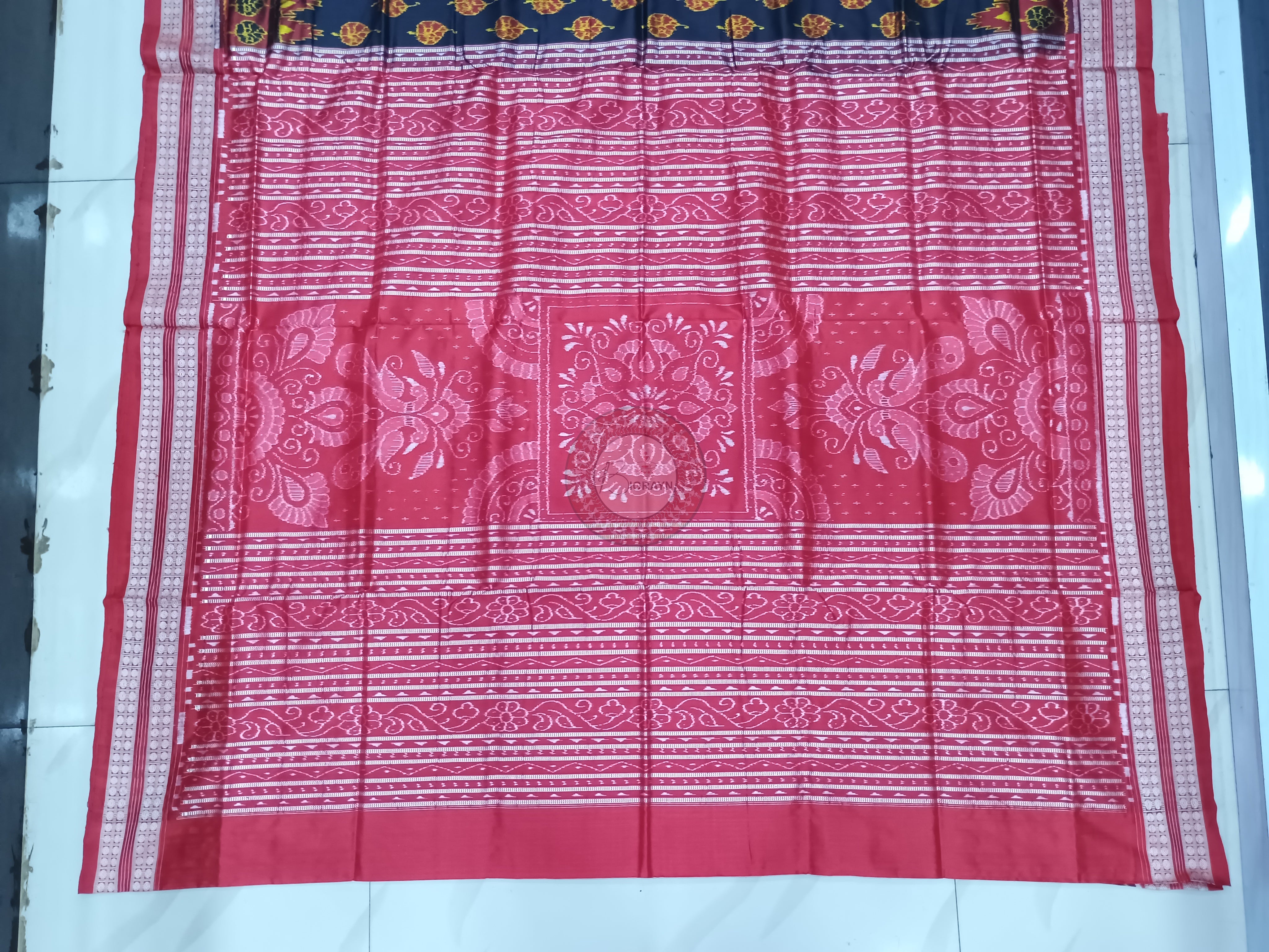 Black Red Peepal Leaf Odisha Handloom Sambalpuri Silk Saree