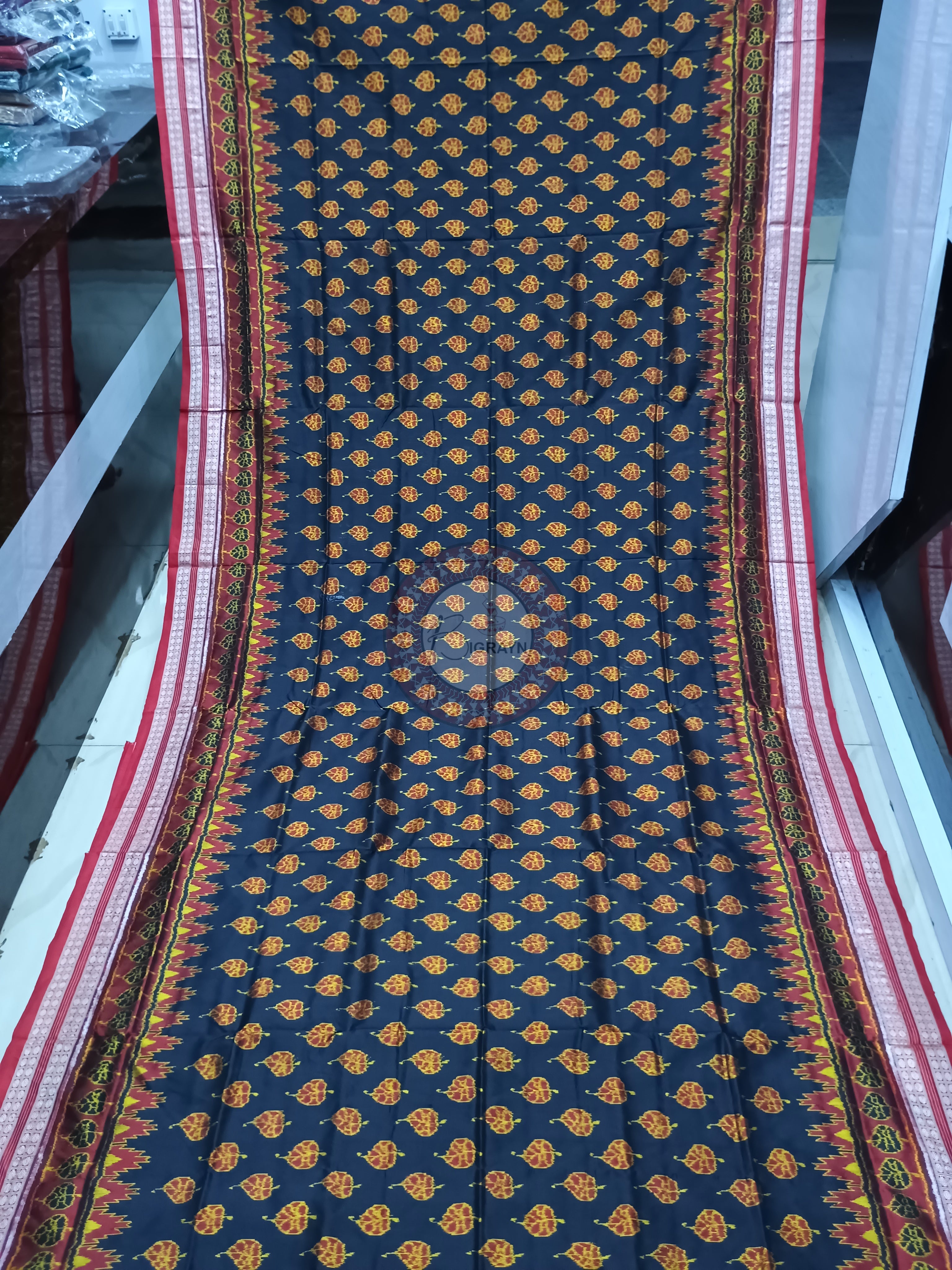 Black Red Peepal Leaf Odisha Handloom Sambalpuri Silk Saree