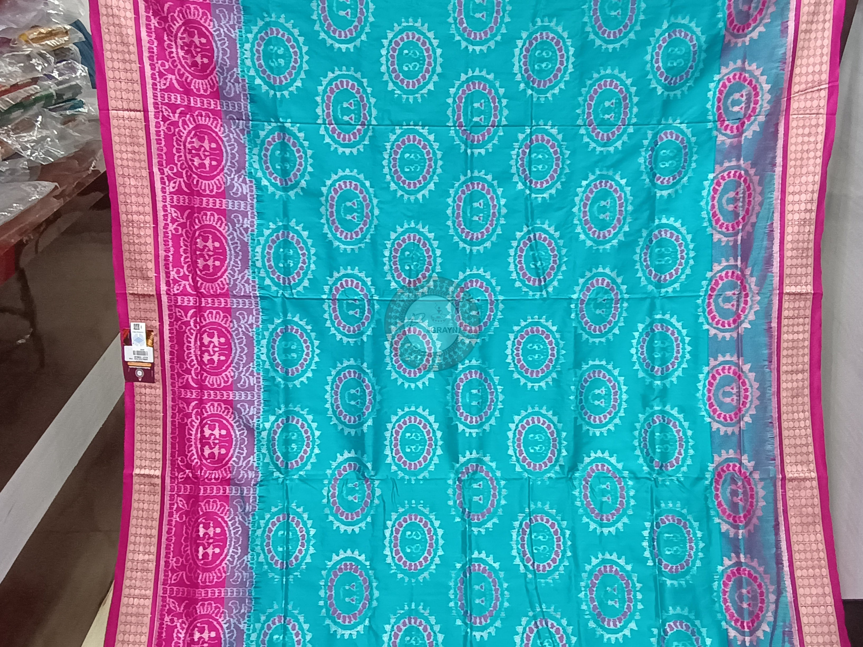 Sea Green Magenta Tribal And Laxmi Pada Odisha Handloom Sambalpuri Silk Saree
