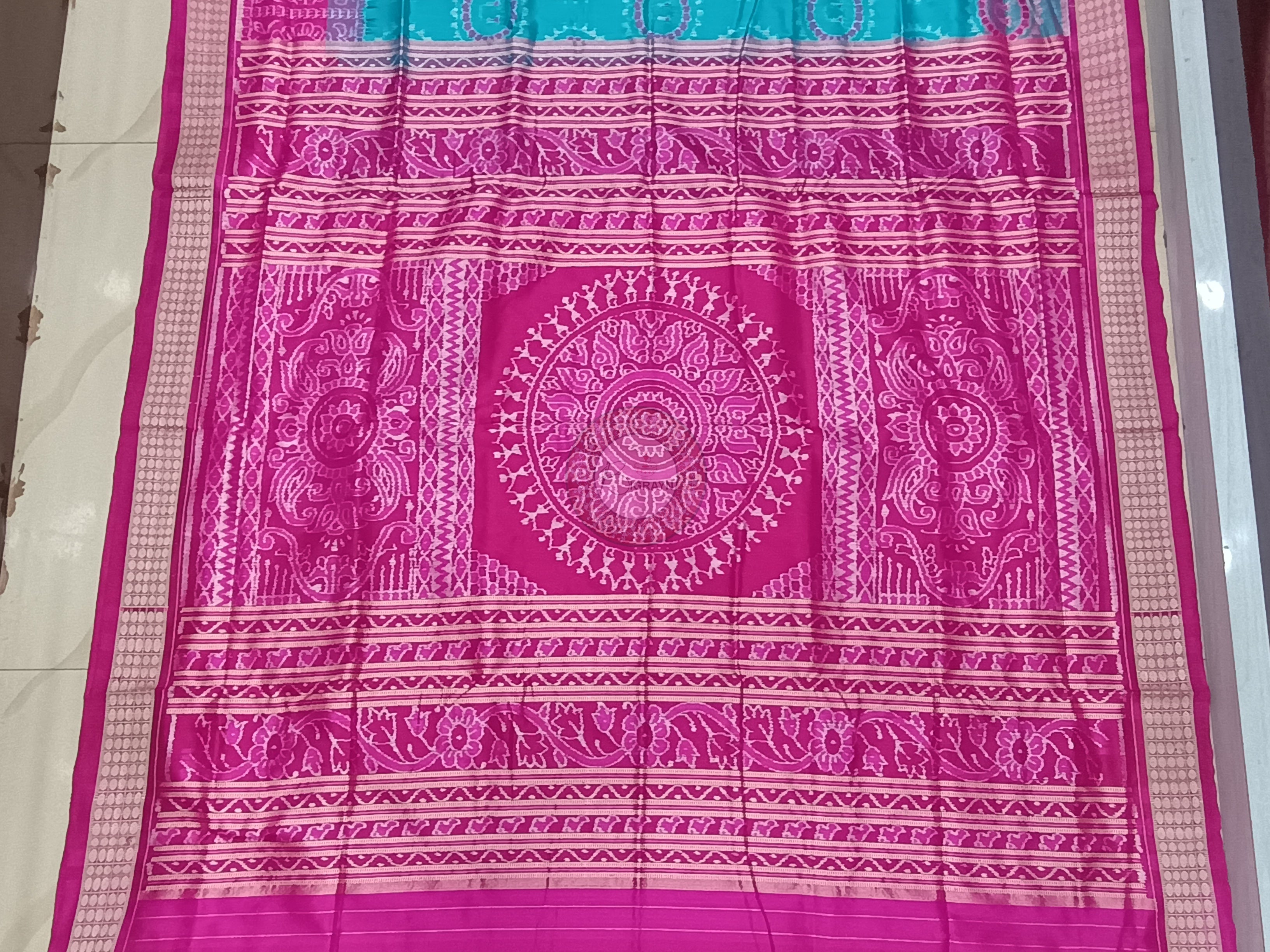 Sea Green Magenta Tribal And Laxmi Pada Odisha Handloom Sambalpuri Silk Saree