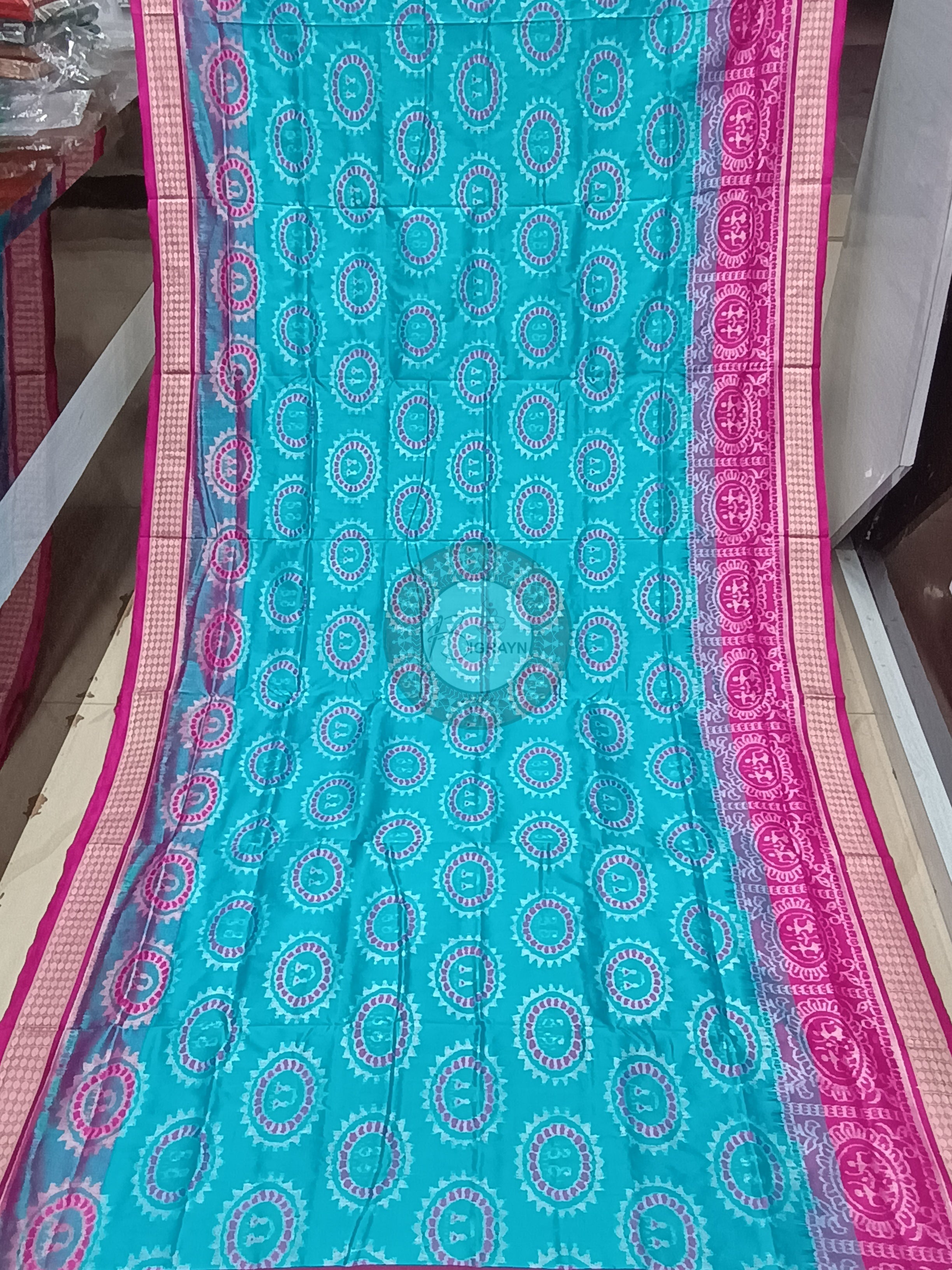 Sea Green Magenta Tribal And Laxmi Pada Odisha Handloom Sambalpuri Silk Saree