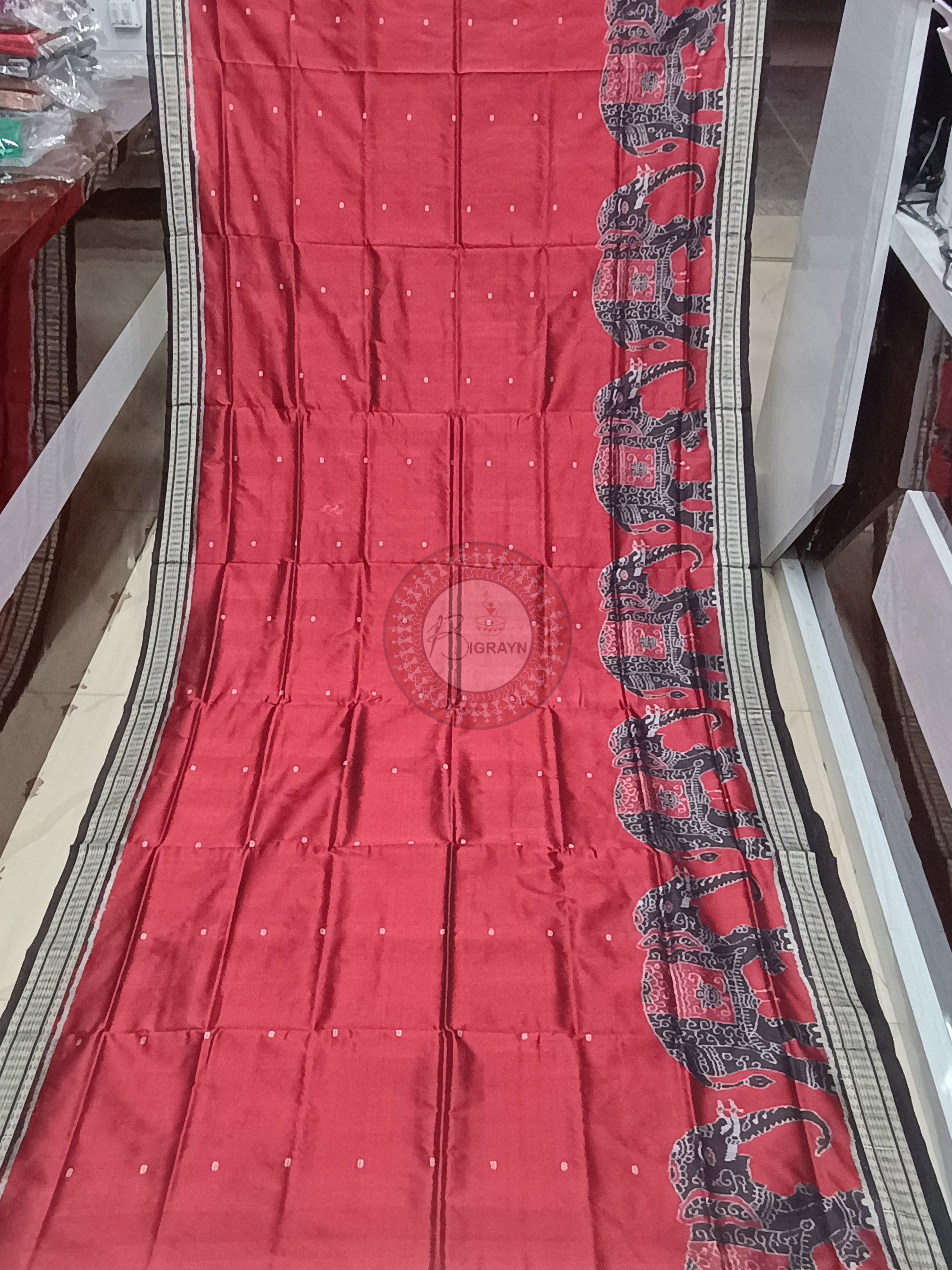 Maroon Black Elephant Odisha Handloom Sambalpuri Silk Saree
