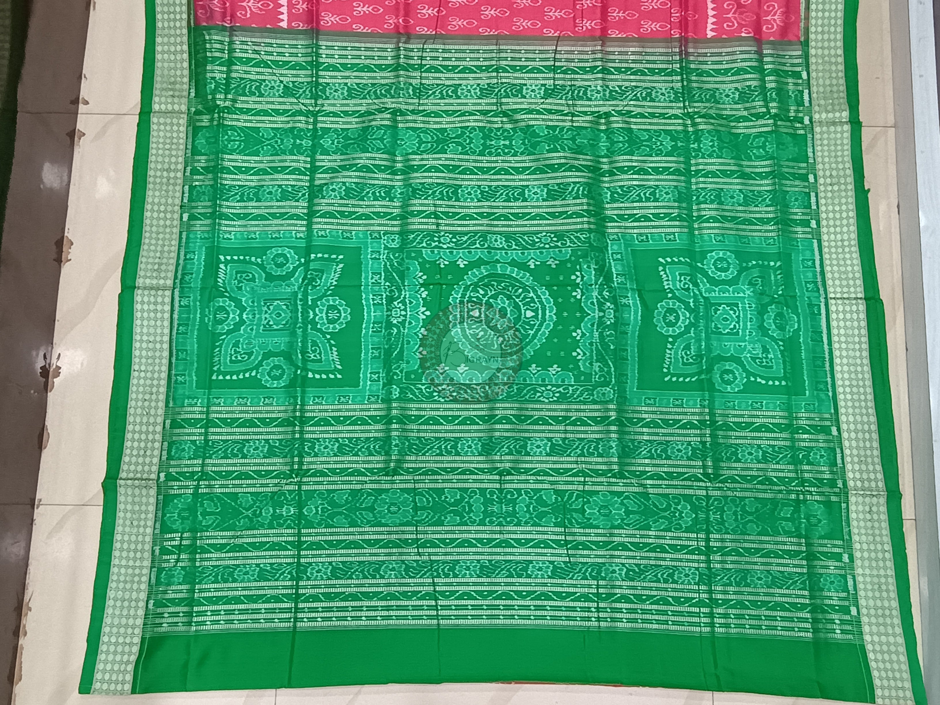 Peach Pink Green Ikat Design Odisha Handloom Sambalpuri Silk Saree
