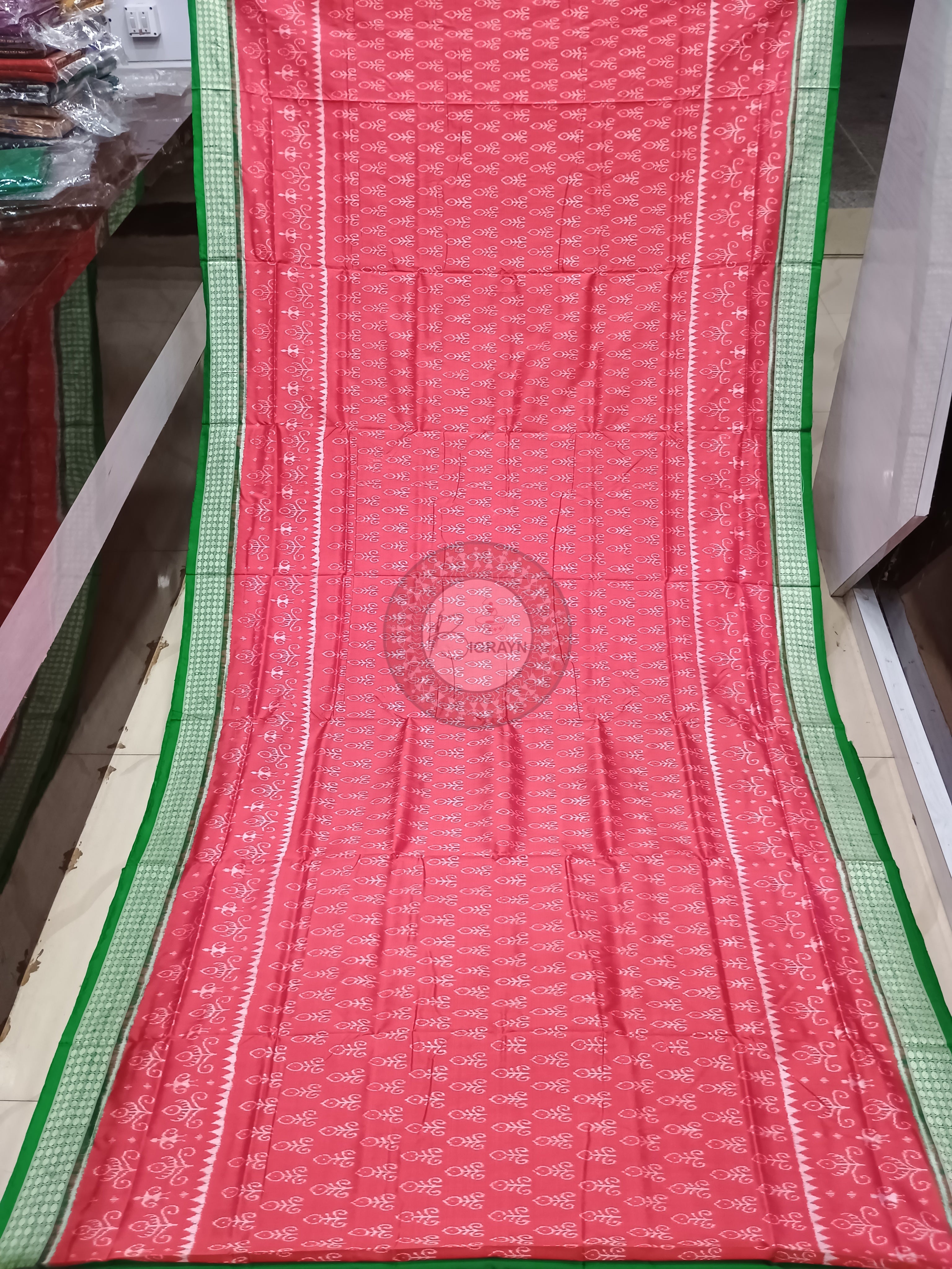 Peach Pink Green Ikat Design Odisha Handloom Sambalpuri Silk Saree