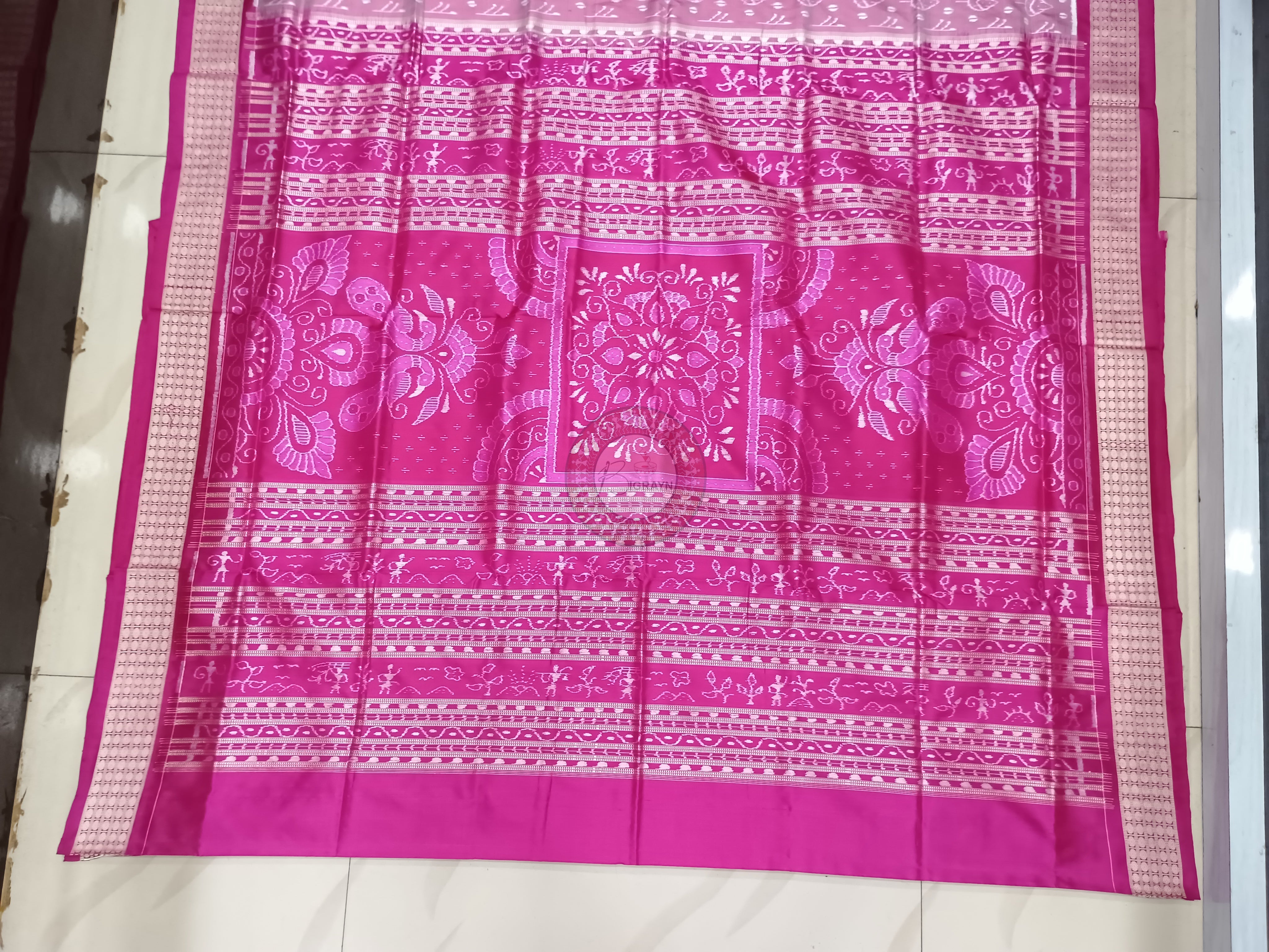 Peach Magenta Leaf Design Odisha Handloom Sambalpuri Silk Saree