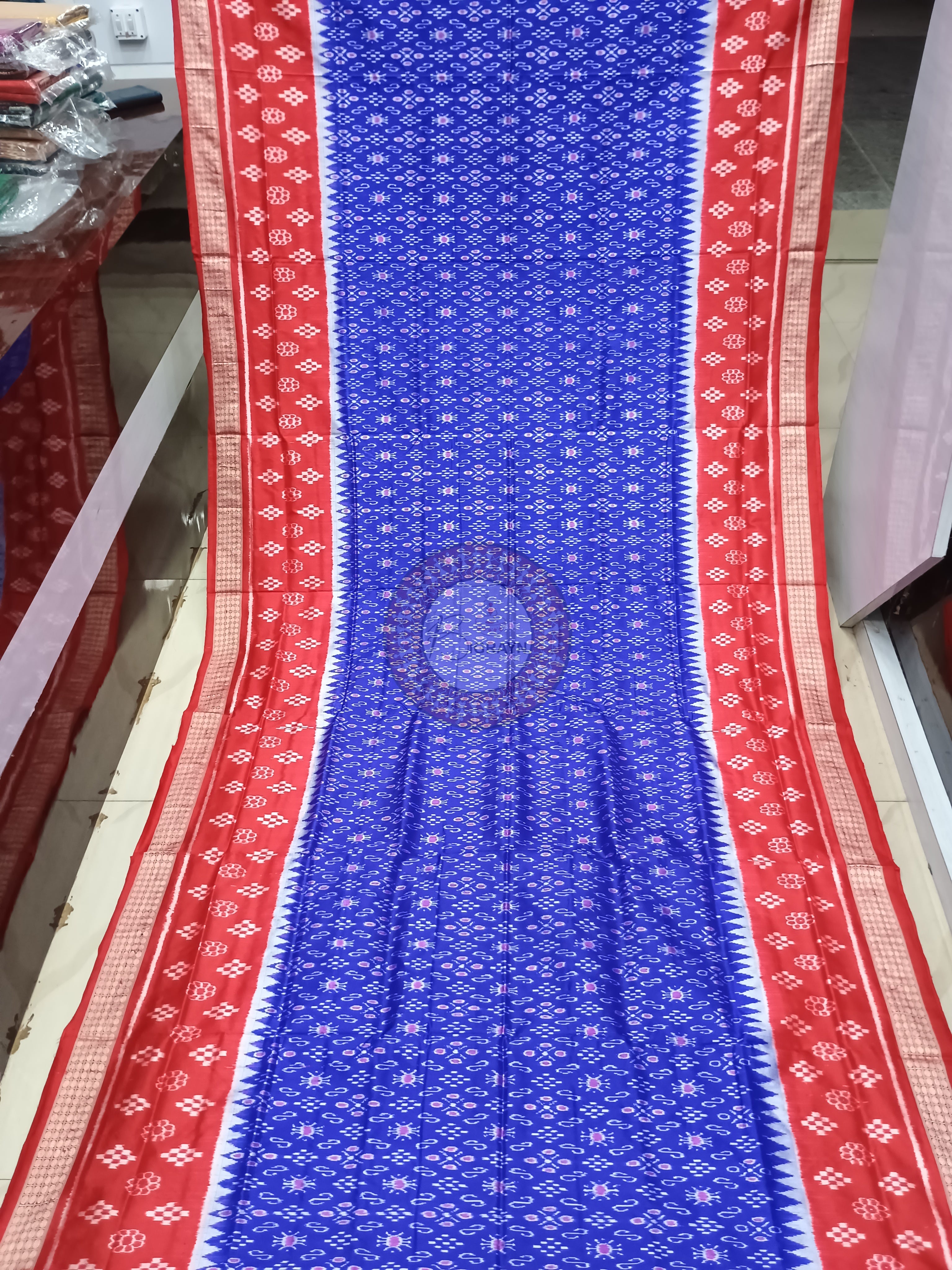 Blue Red Scot Pasapali Odisha Handloom Sambalpuri Silk Saree