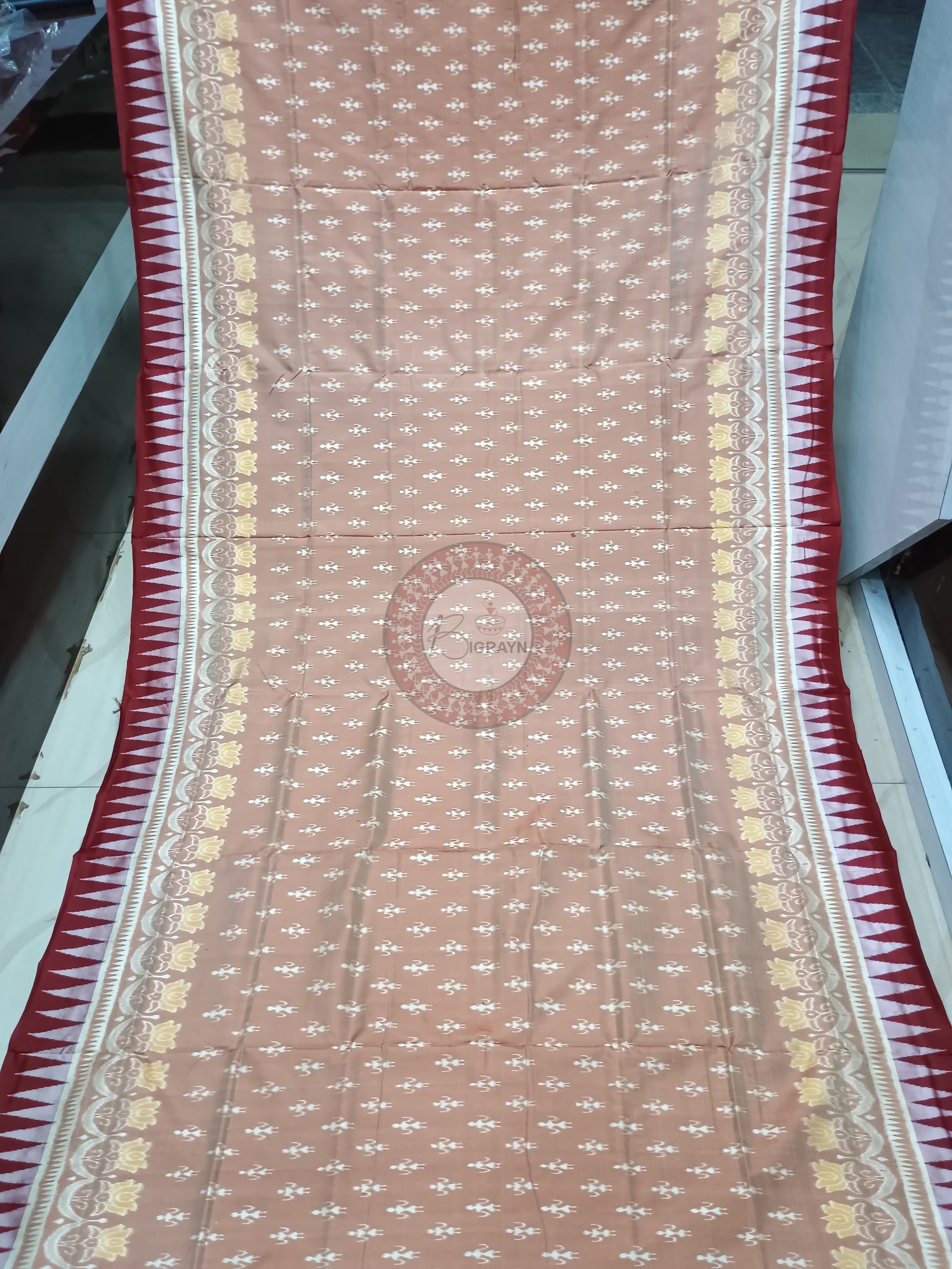 Peach Maroon Ek Chandia Odisha Handloom Sambalpuri Silk Saree