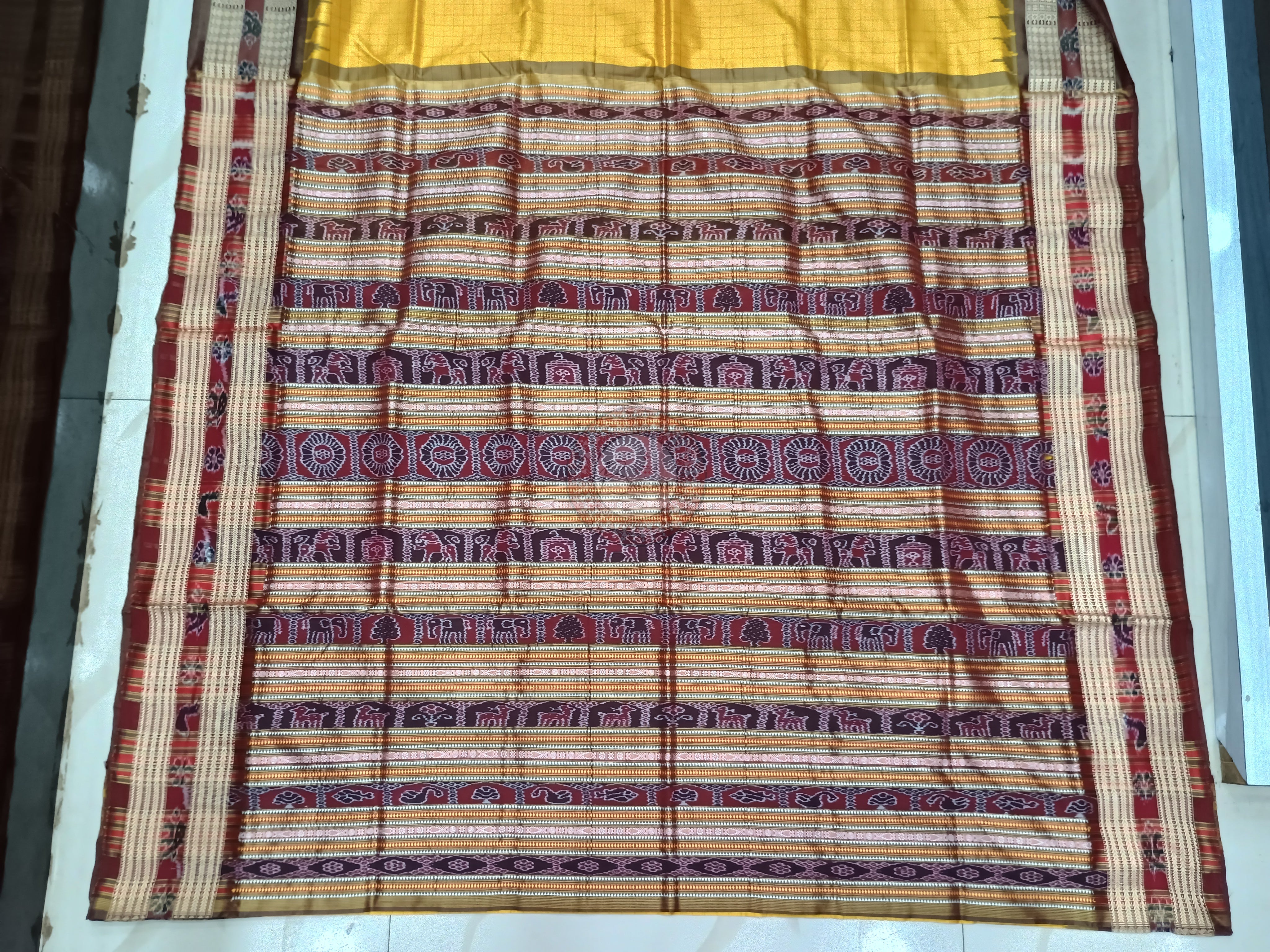 Mustard Yellow Maroon Sachipar Odisha Handloom Sambalpuri Silk Saree