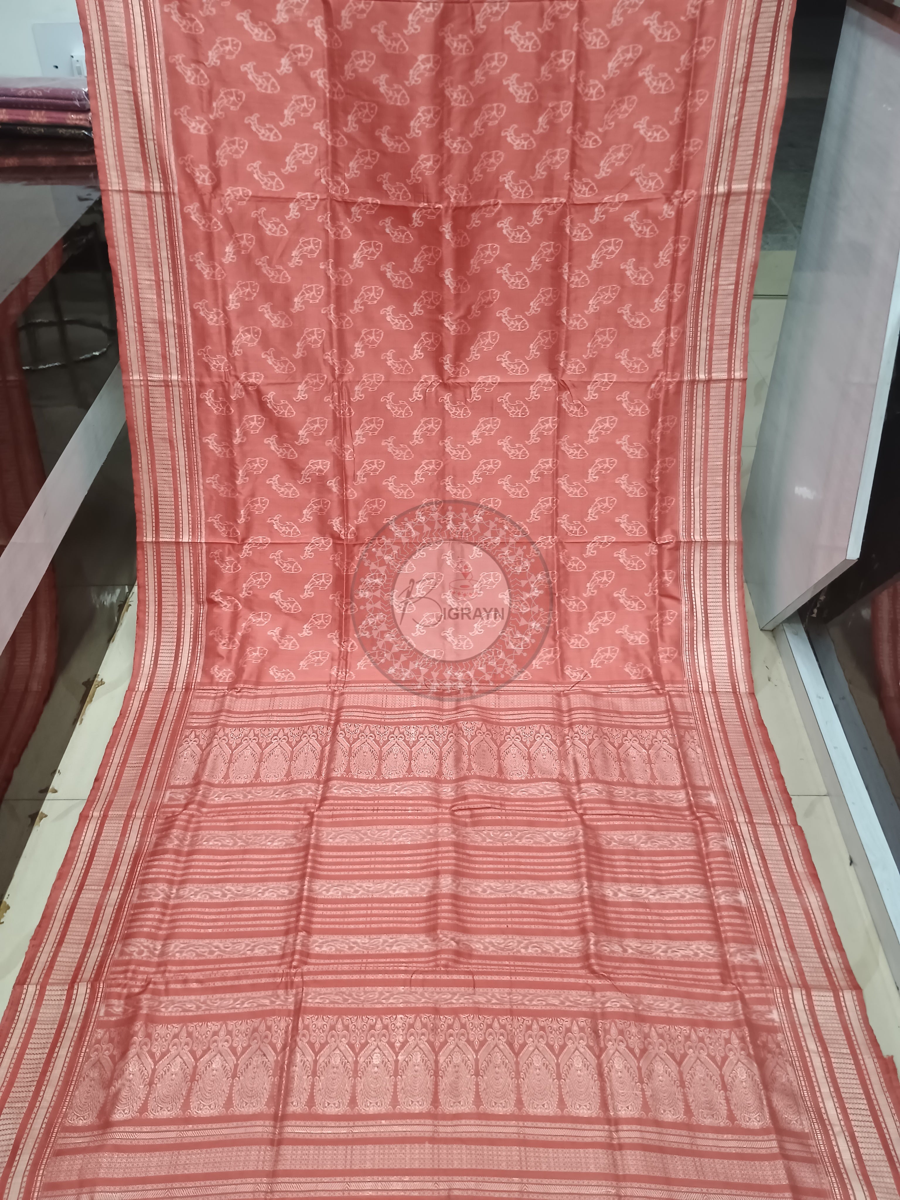 Peach Pink Fish Design Natural Dye Sambalpuri Silk Saree