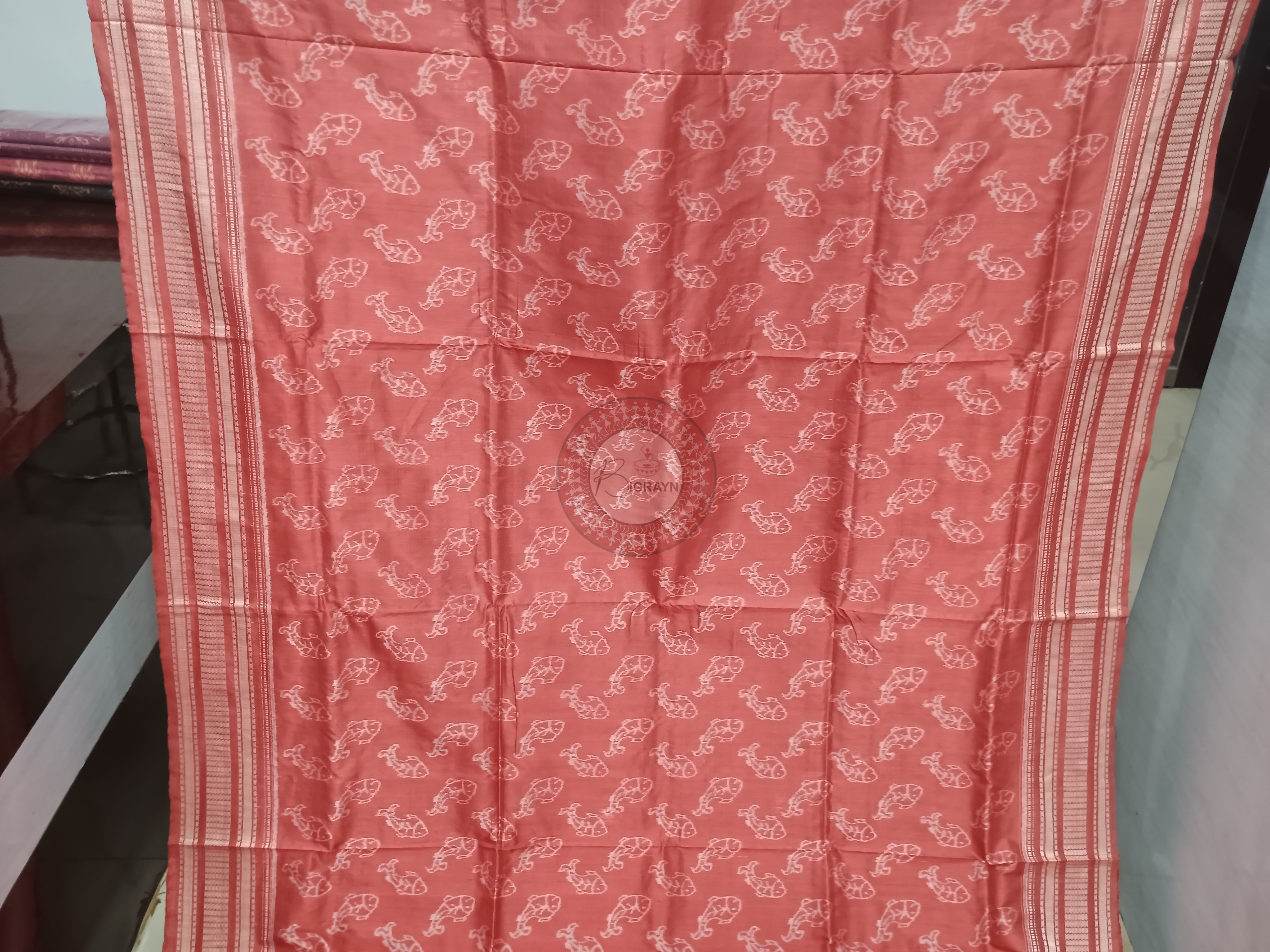 Peach Pink Fish Design Natural Dye Sambalpuri Silk Saree