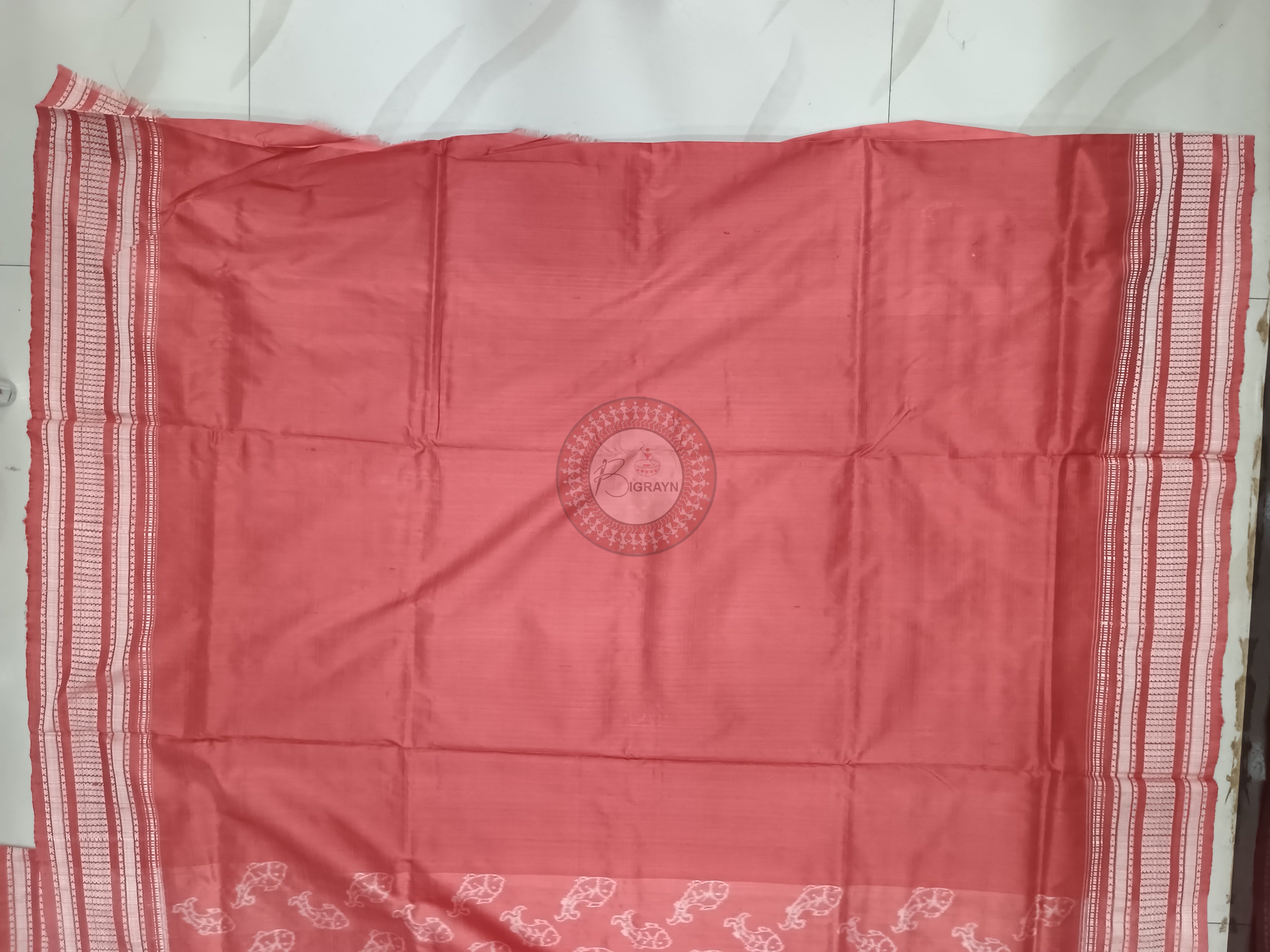 Peach Pink Fish Design Natural Dye Sambalpuri Silk Saree