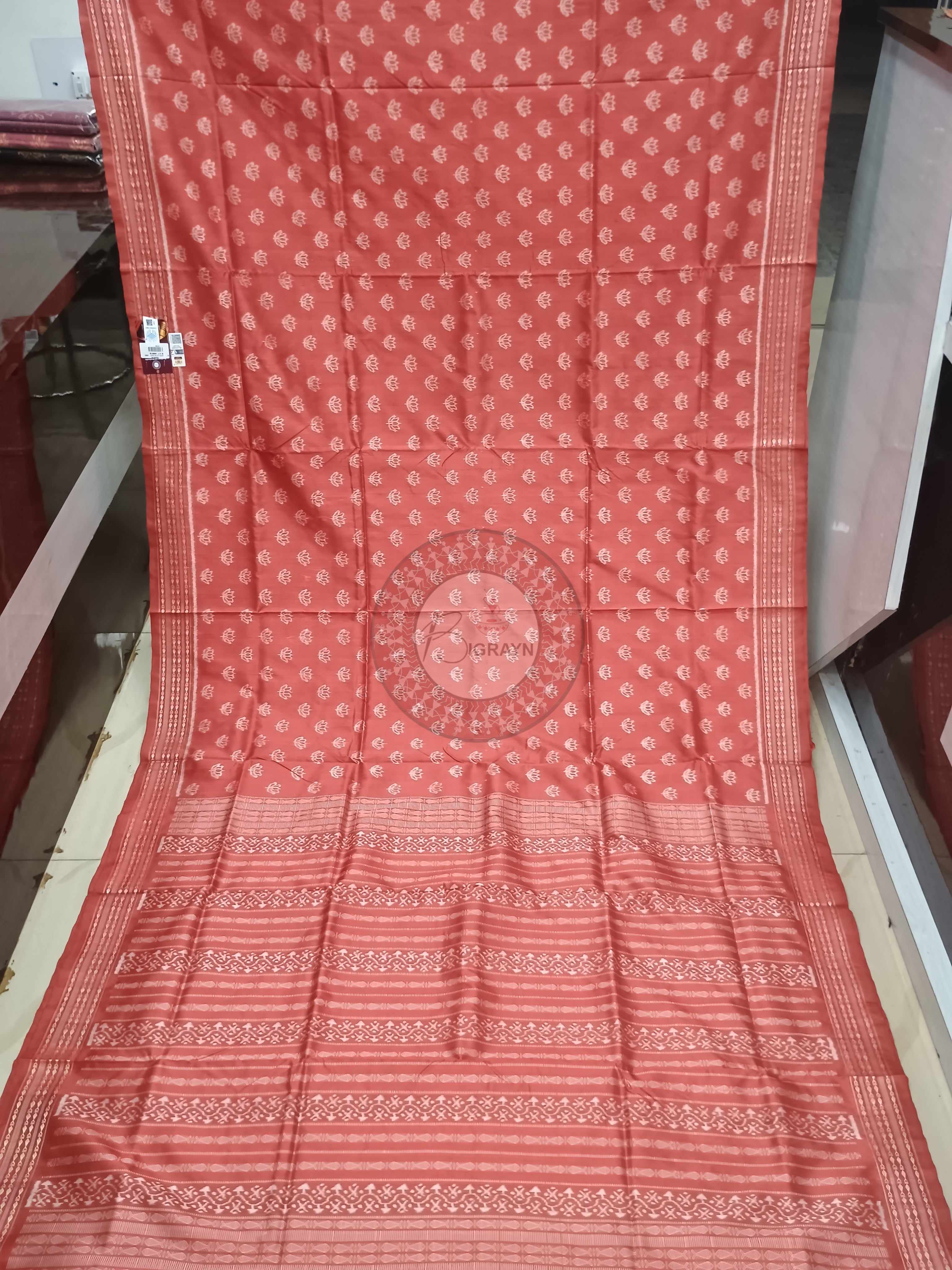 Peach Pink Lotus Design Natural Dye Sambalpuri Silk Saree