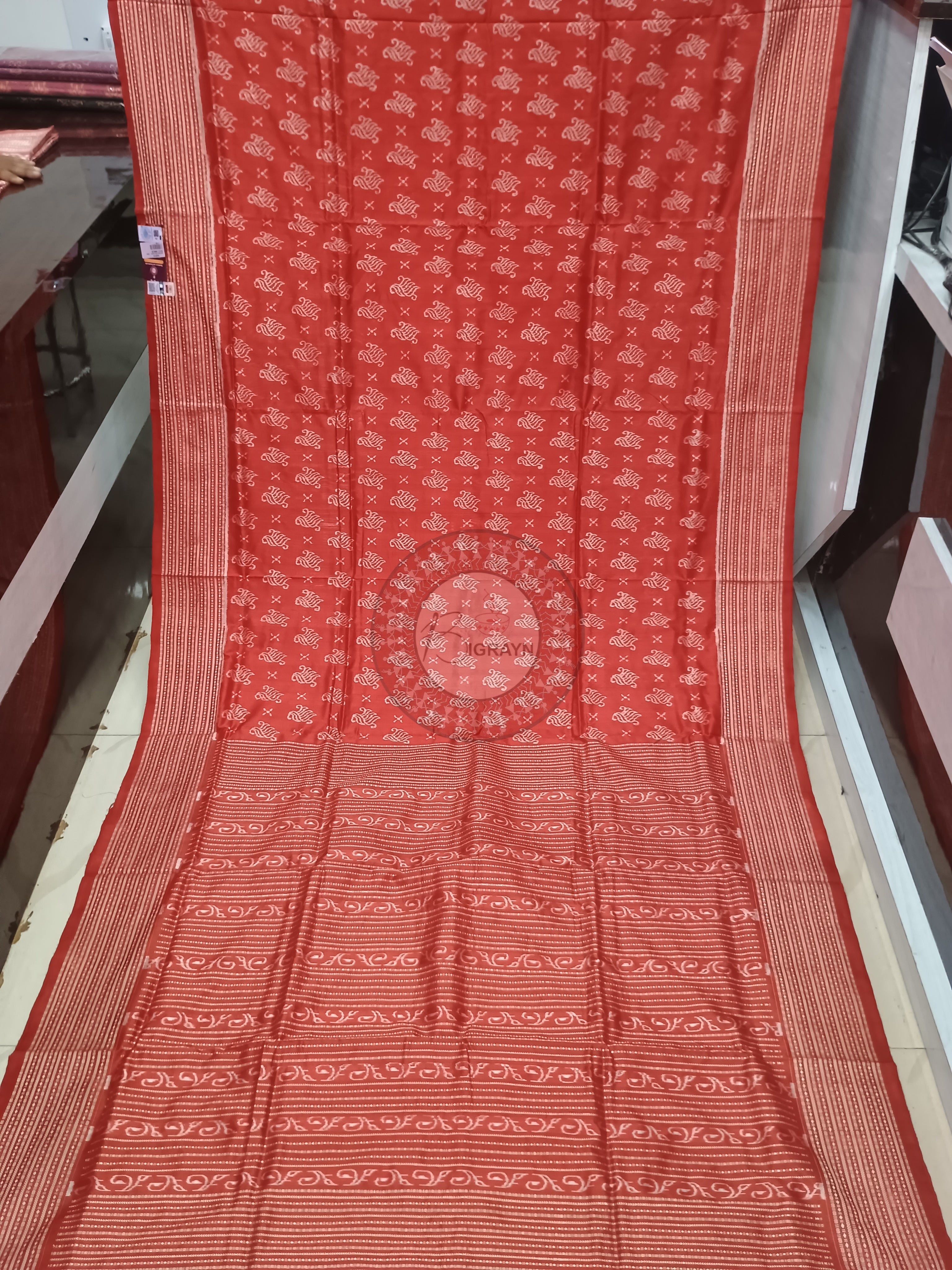 Red Ikat Design Natural Dye Sambalpuri Silk Saree