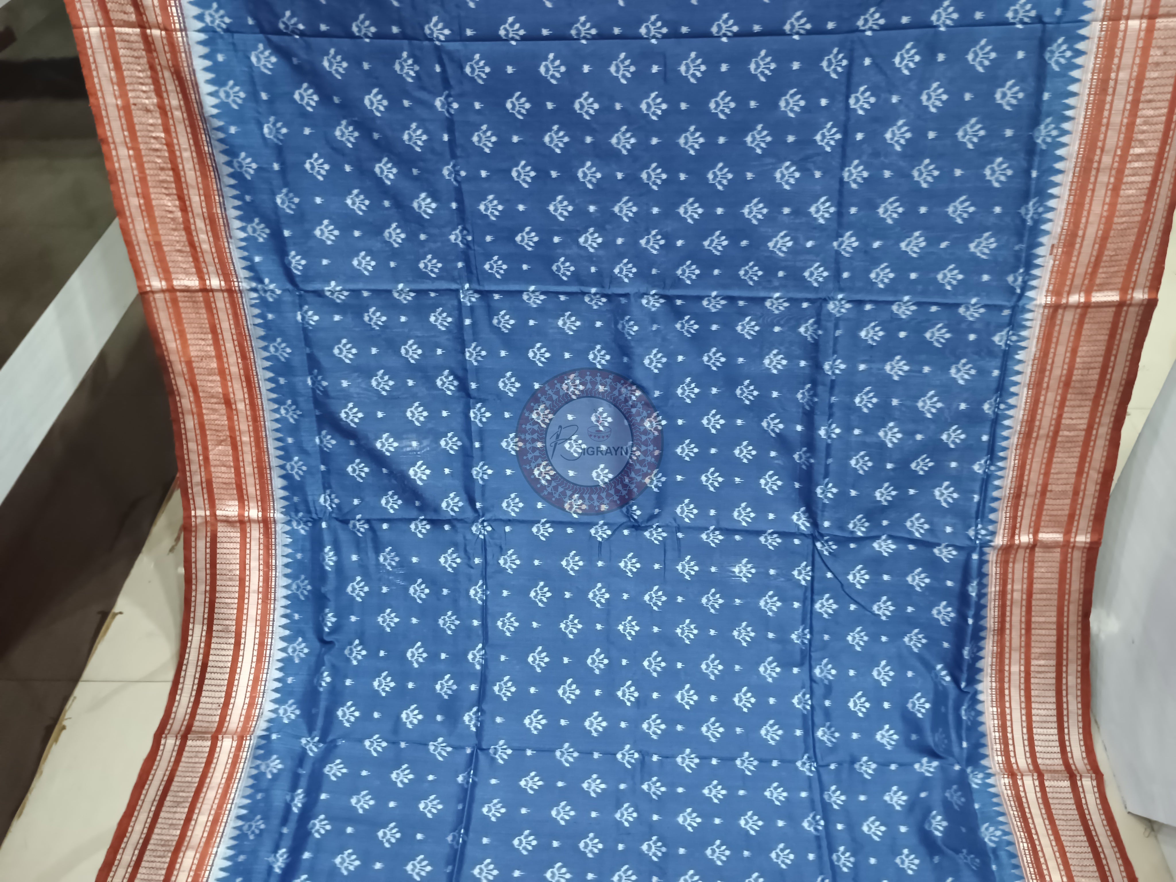 Indigo Blue Maroon Flower Design Natural Dye Sambalpuri Silk Saree