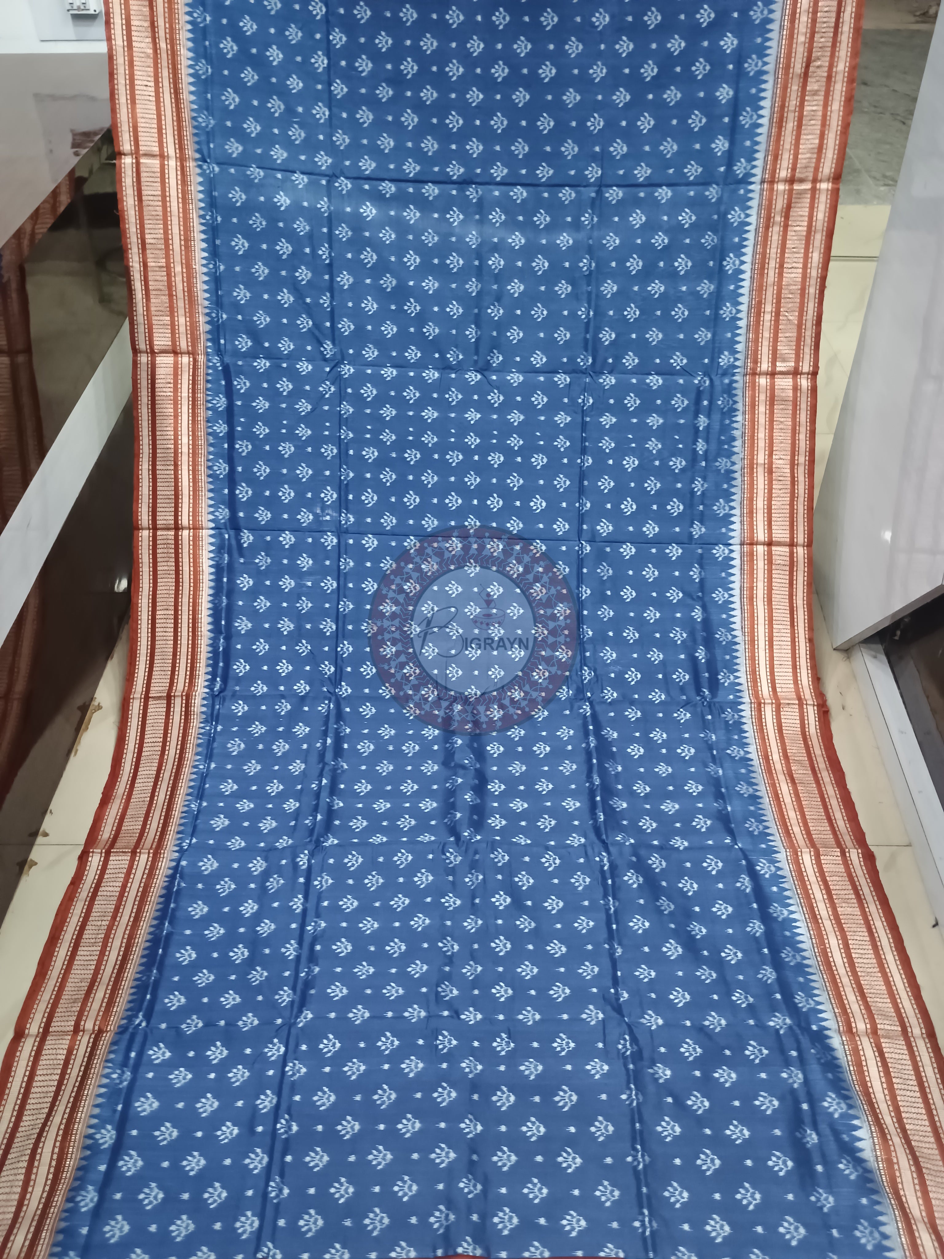 Indigo Blue Maroon Flower Design Natural Dye Sambalpuri Silk Saree